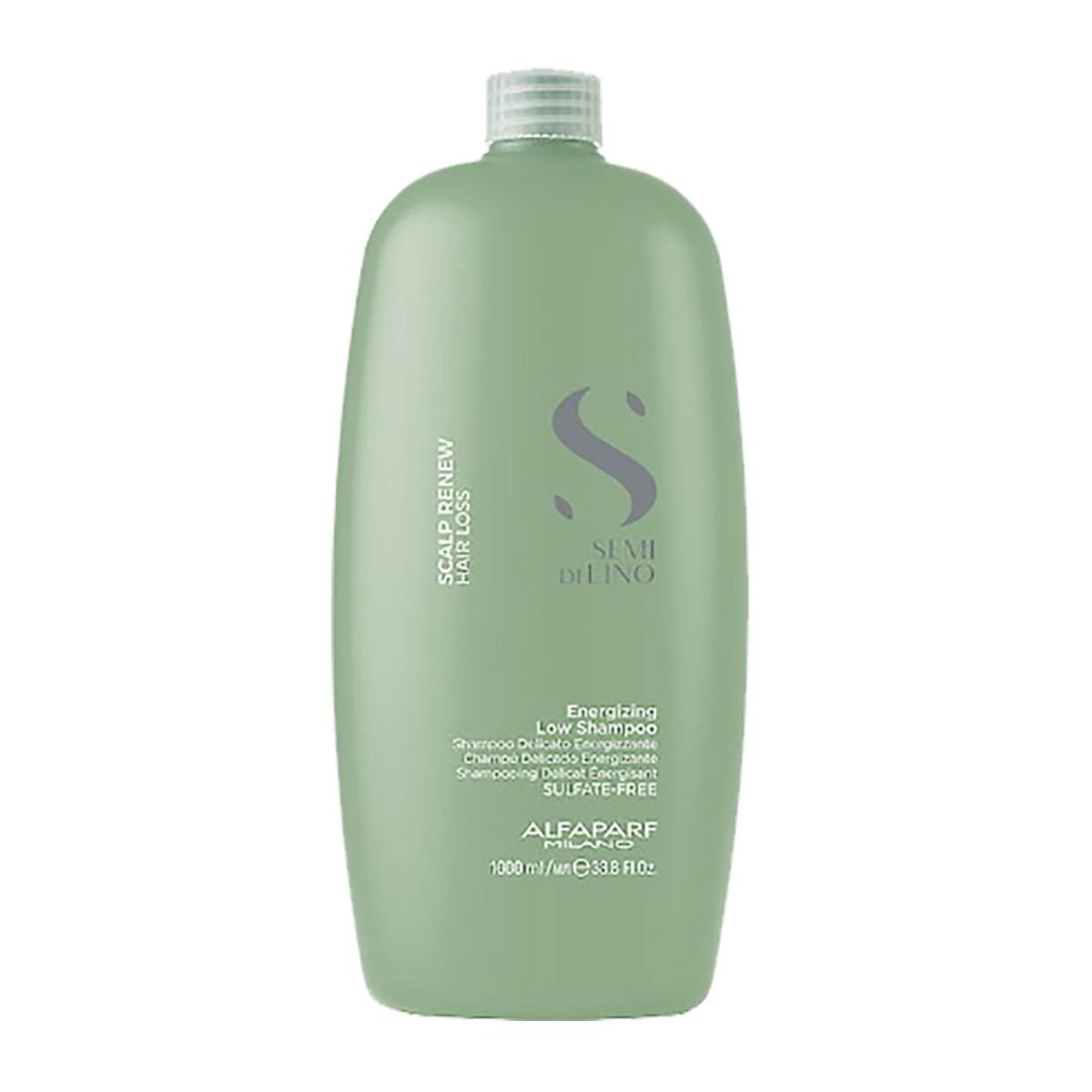 Alfaparf Semi Di Lino Energizing Low Shampoo, 1000 ml. Große grüne Flasche mit weißem Schraubverschluss.