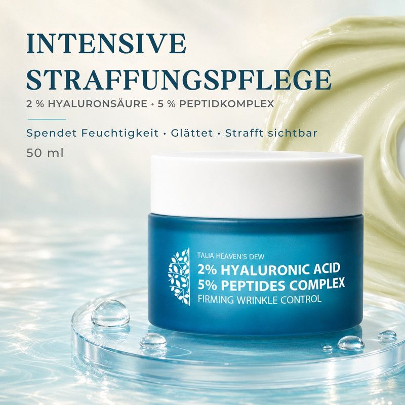 Talia Heaven's Dew Creme mit 2% Hyaluronsäure, 5% Peptidkomplex und Squalane.