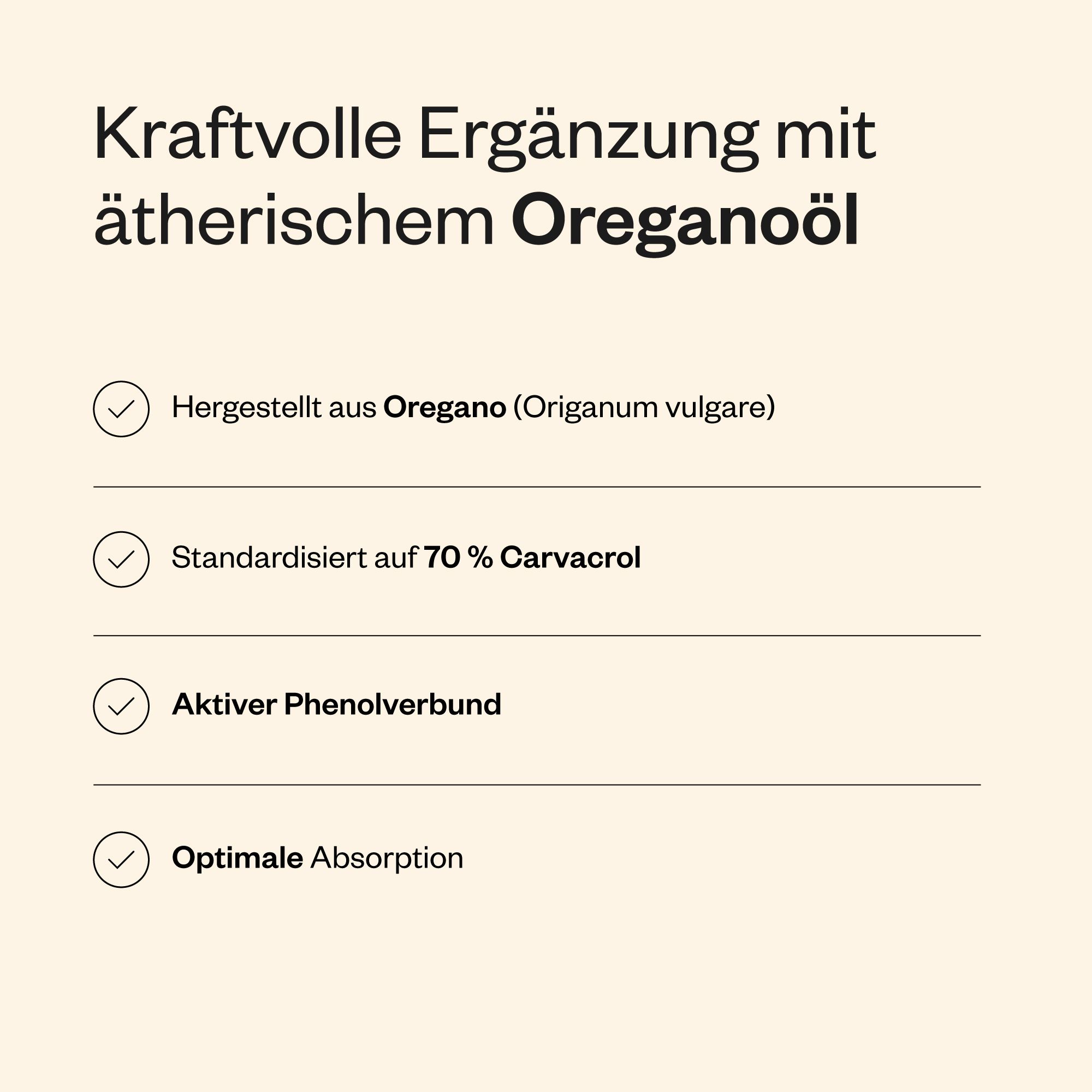 Text mit Aufzählungspunkten. Enthält Informationen zu Oreganoöl, Carvacrol und aktiven Phenolverbindungen.
