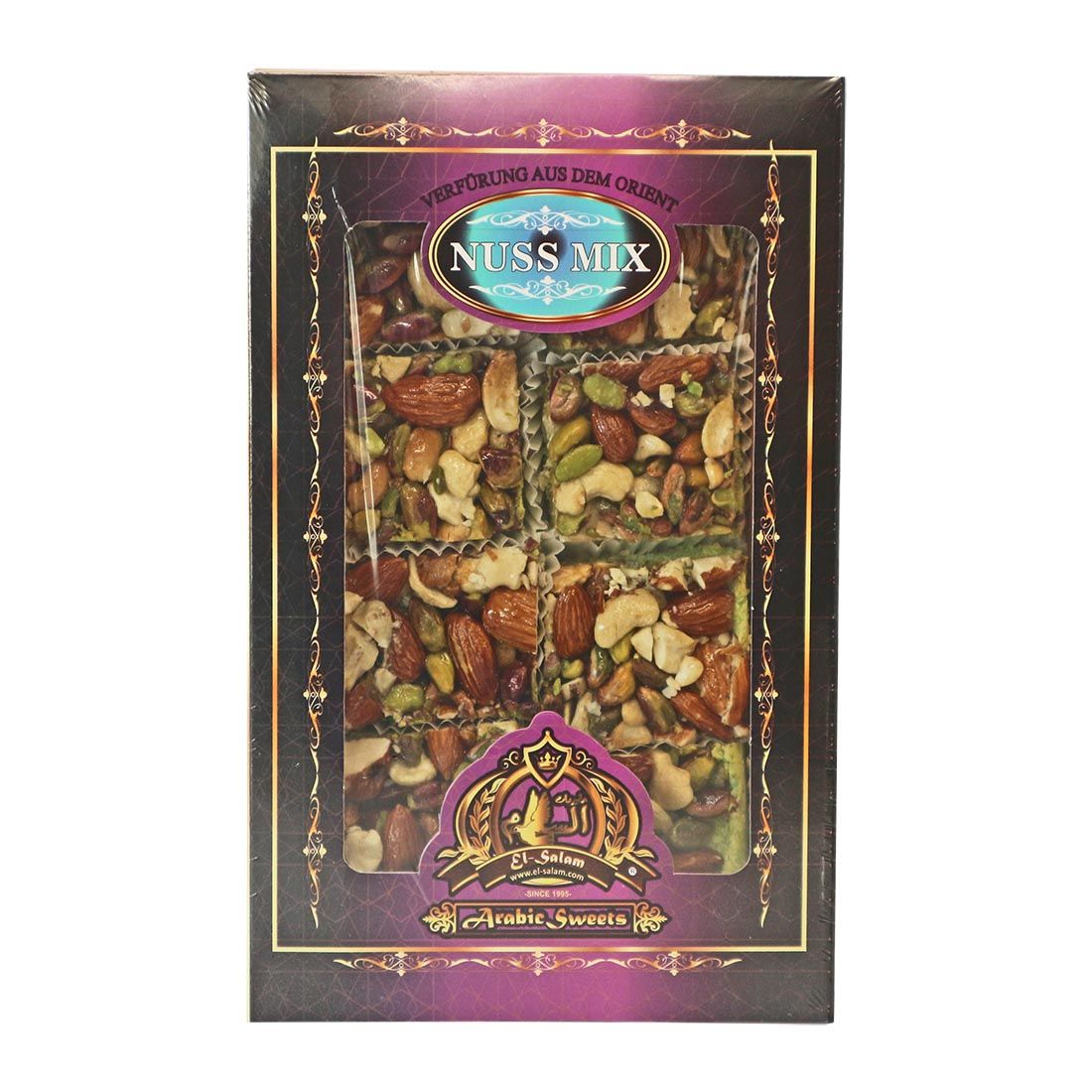 Verpackung von Nüsse-Mix. Rechteckige Schachtel mit Produktansicht. Text: NUSS MIX, arabische Süßigkeiten. Goldene und violette Elemente.