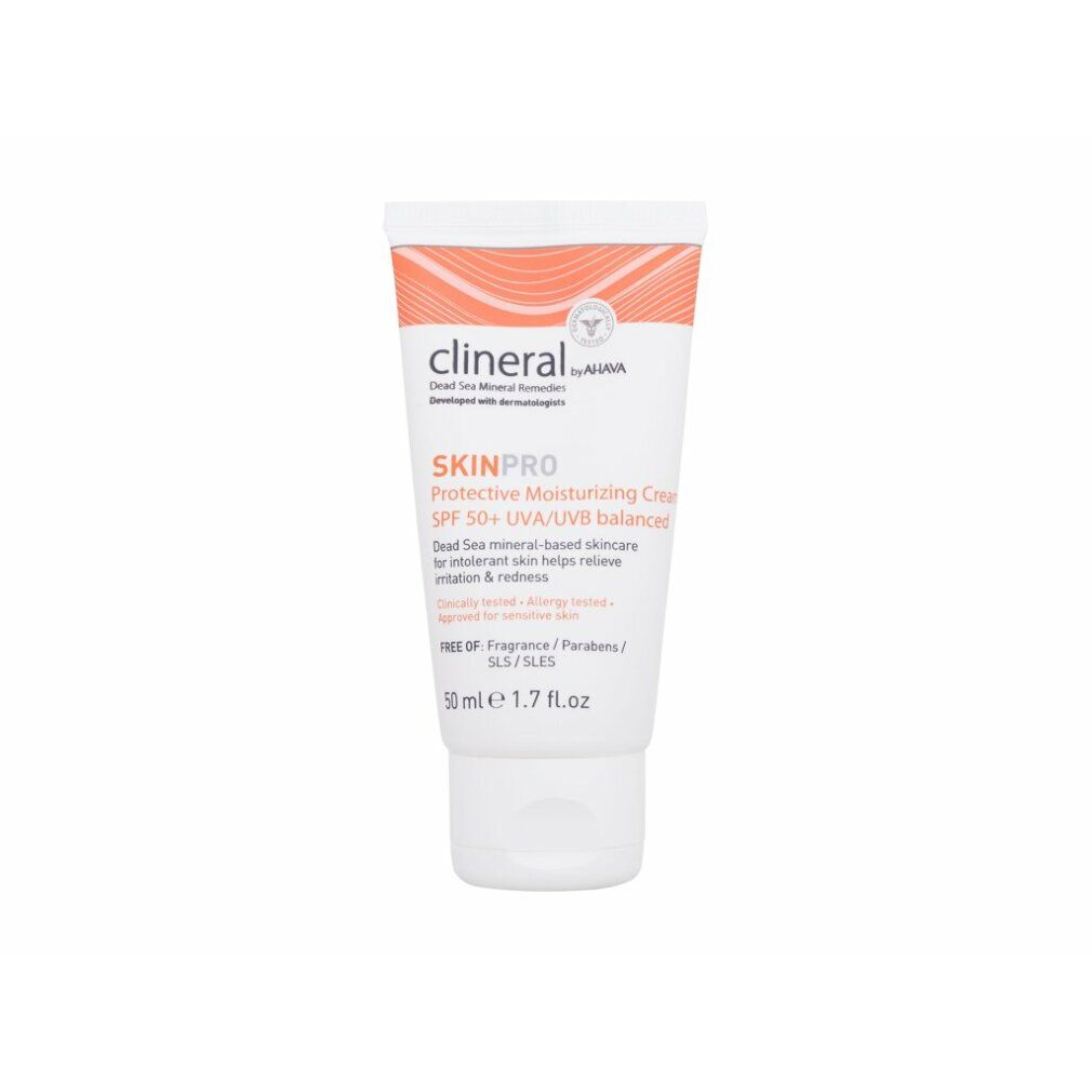 Weiße Tube mit orangefarbenem Deckel. Aufschrift: Clineral SKINPRO Protective Moisturizing Cream. SPF 50+. 50 ml.