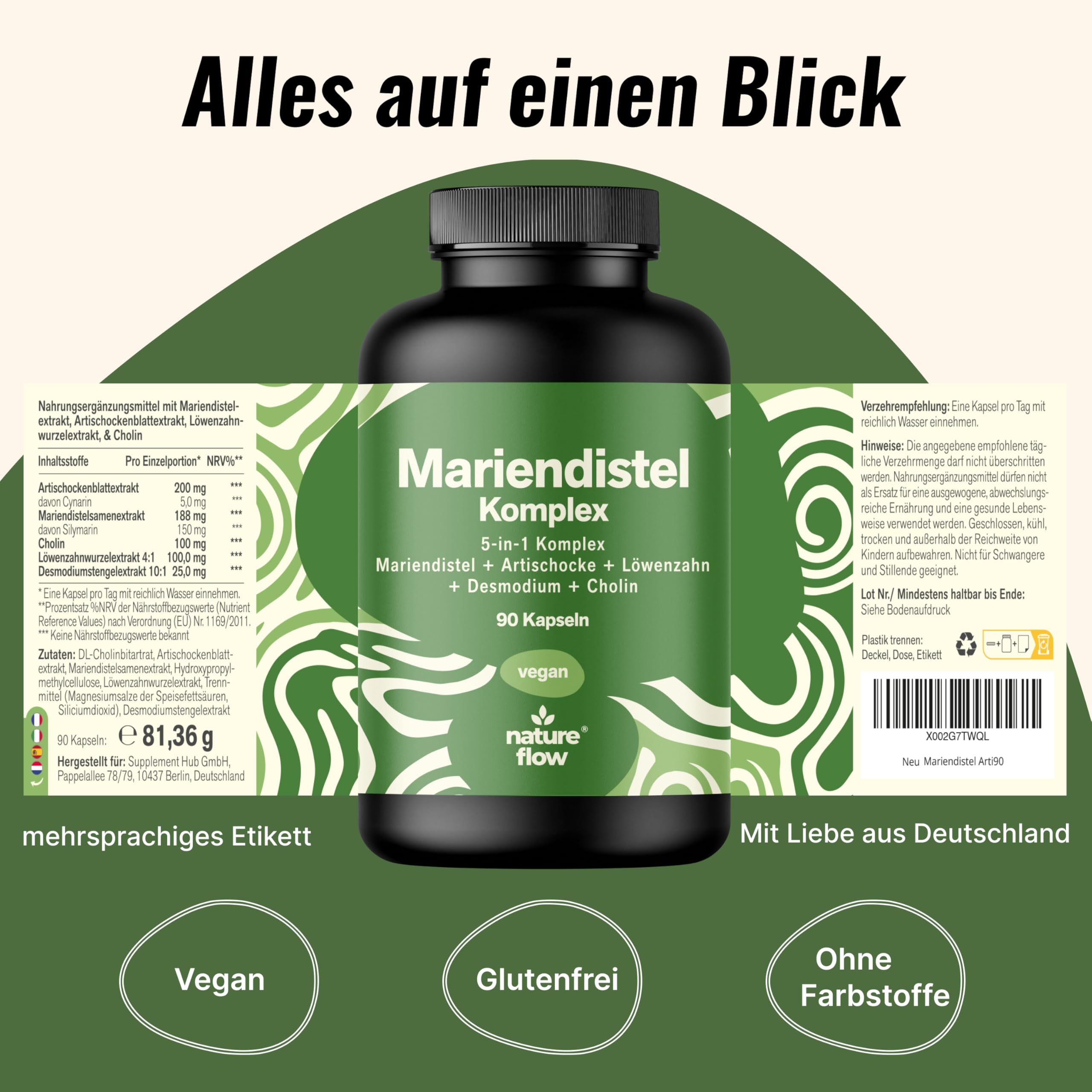 Produktflasche mit Etikett. Text: Alles auf einen Blick. Vegan, glutenfrei, ohne Farbstoffe. Mit Liebe aus Deutschland.