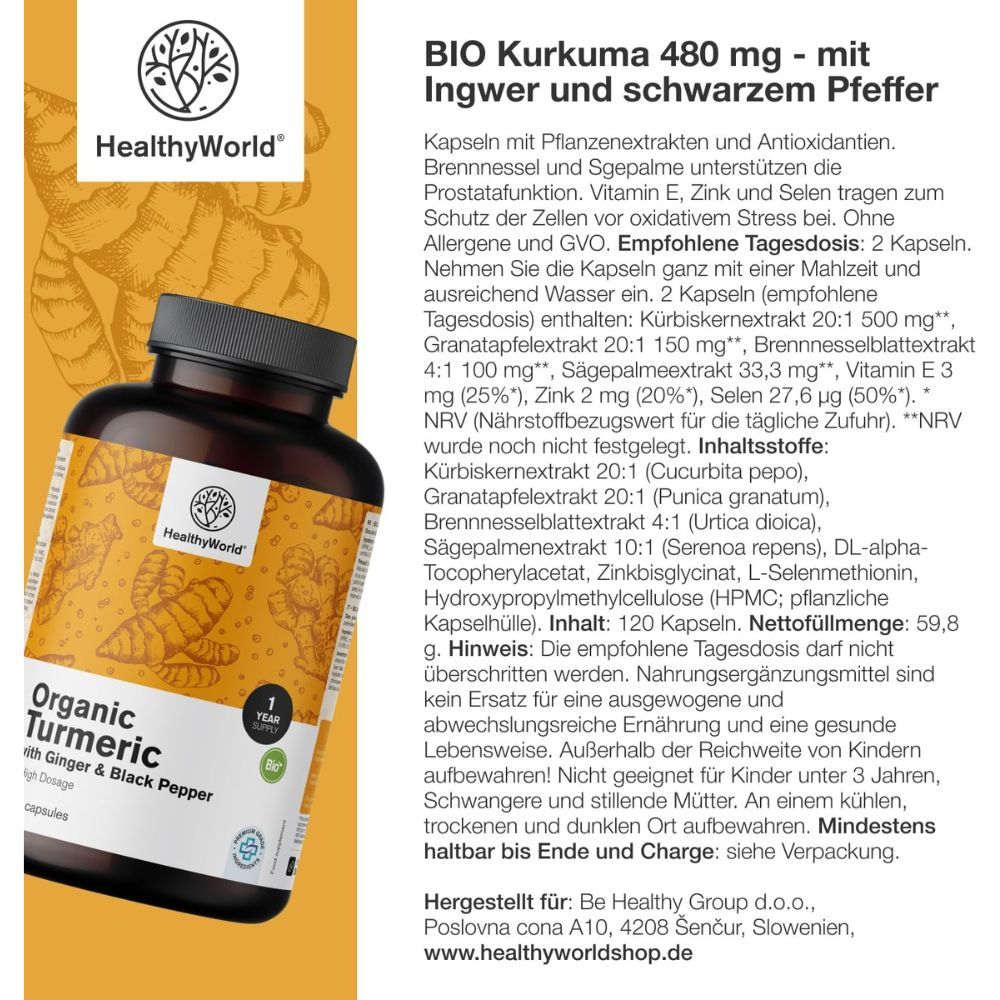 Flasche mit Kapseln. Aufschrift: Organic Turmeric with Ginger & Black Pepper. HealthyWorld Logo.