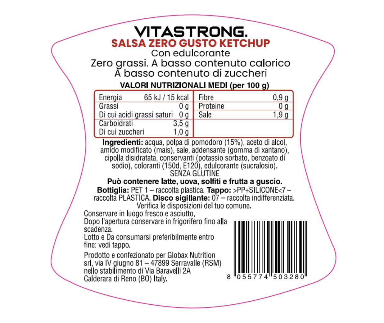 Etikett Vitastrong Zero Sauce Ketchup. Enthält Nährwertangaben, Zutaten und Informationen zu Allergenen. Text auf Italienisch.