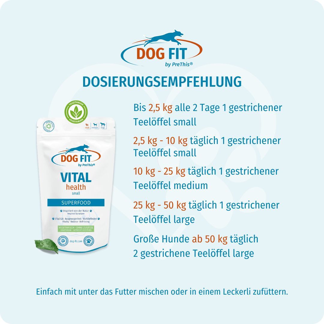Verpackung DOG FIT VITAL health SUPERFOOD. Dosierungsempfehlung nach Gewicht des Hundes. Text.