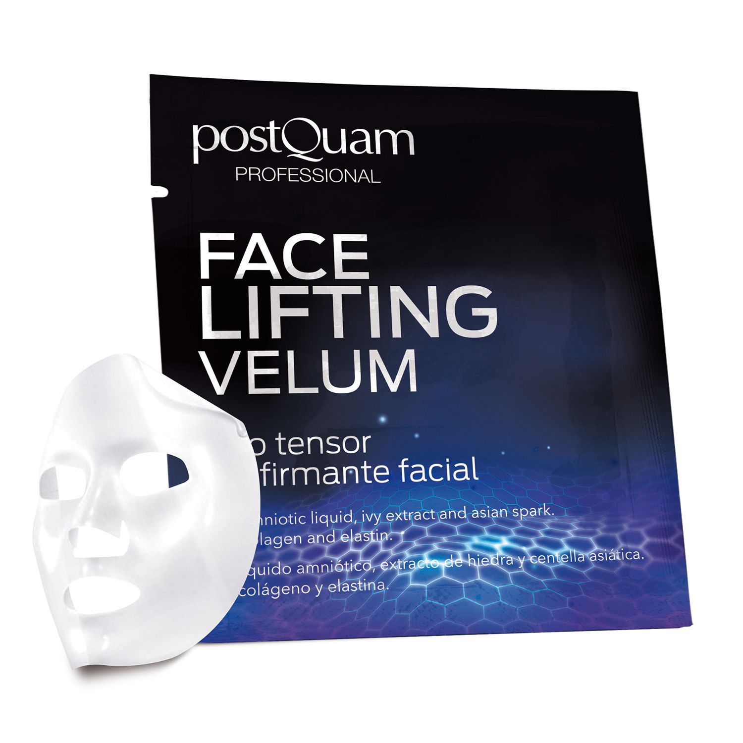 Gesichtsmaske und Verpackung. Verpackung mit "postQuam PROFESSIONAL" und "FACE LIFTING VELUM" Schriftzug. Maske aus transparentem Material.