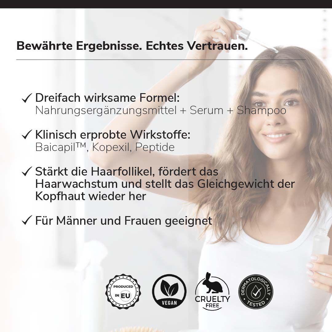 Frau mit Serum-Applikator. Text: Dreifach wirksame Formel. Klinisch erprobte Wirkstoffe. Für Männer und Frauen.