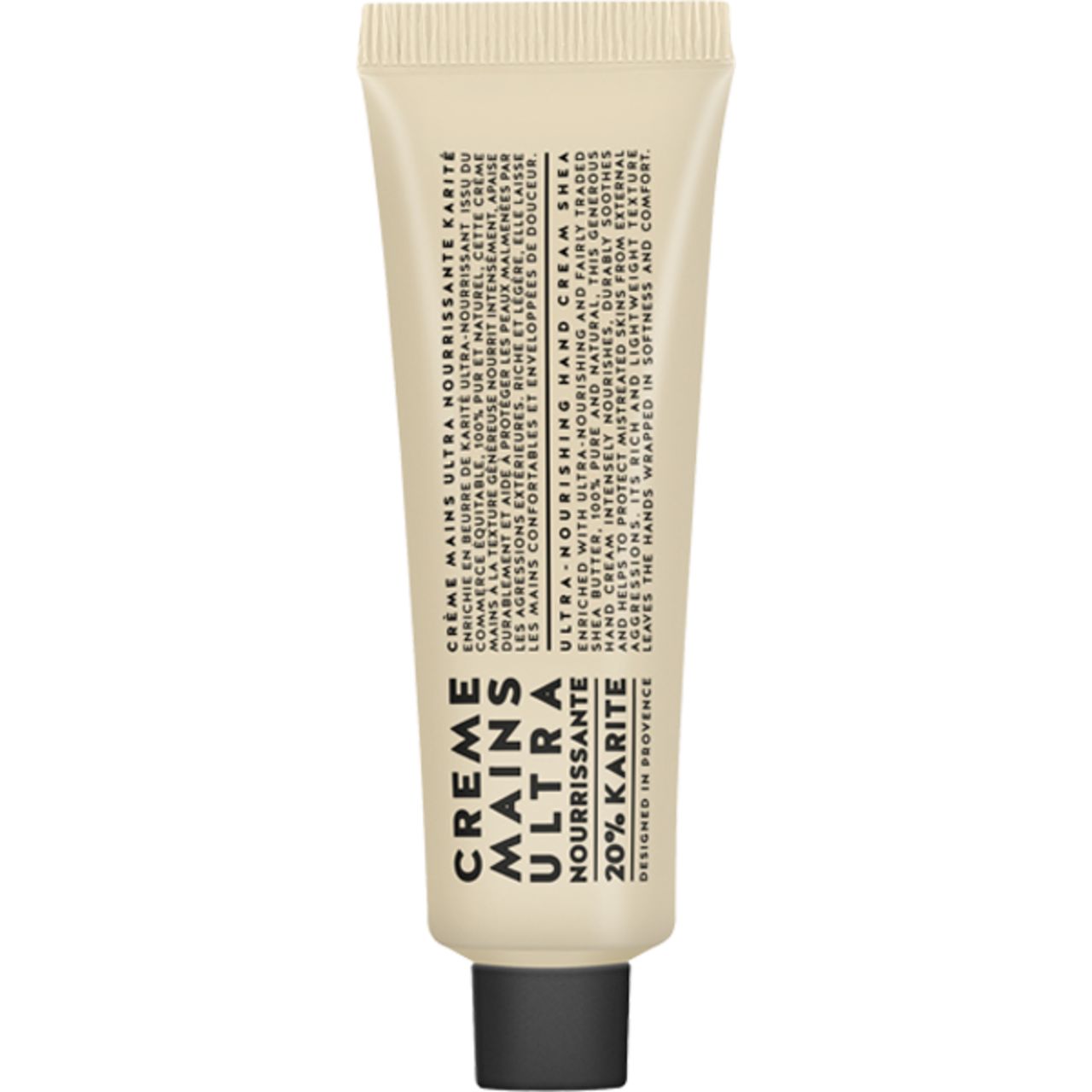 Creme Mains Ultra Nourrissante Karite Tube. Beige Tube mit schwarzem Verschluss. Text auf Französisch und Englisch.