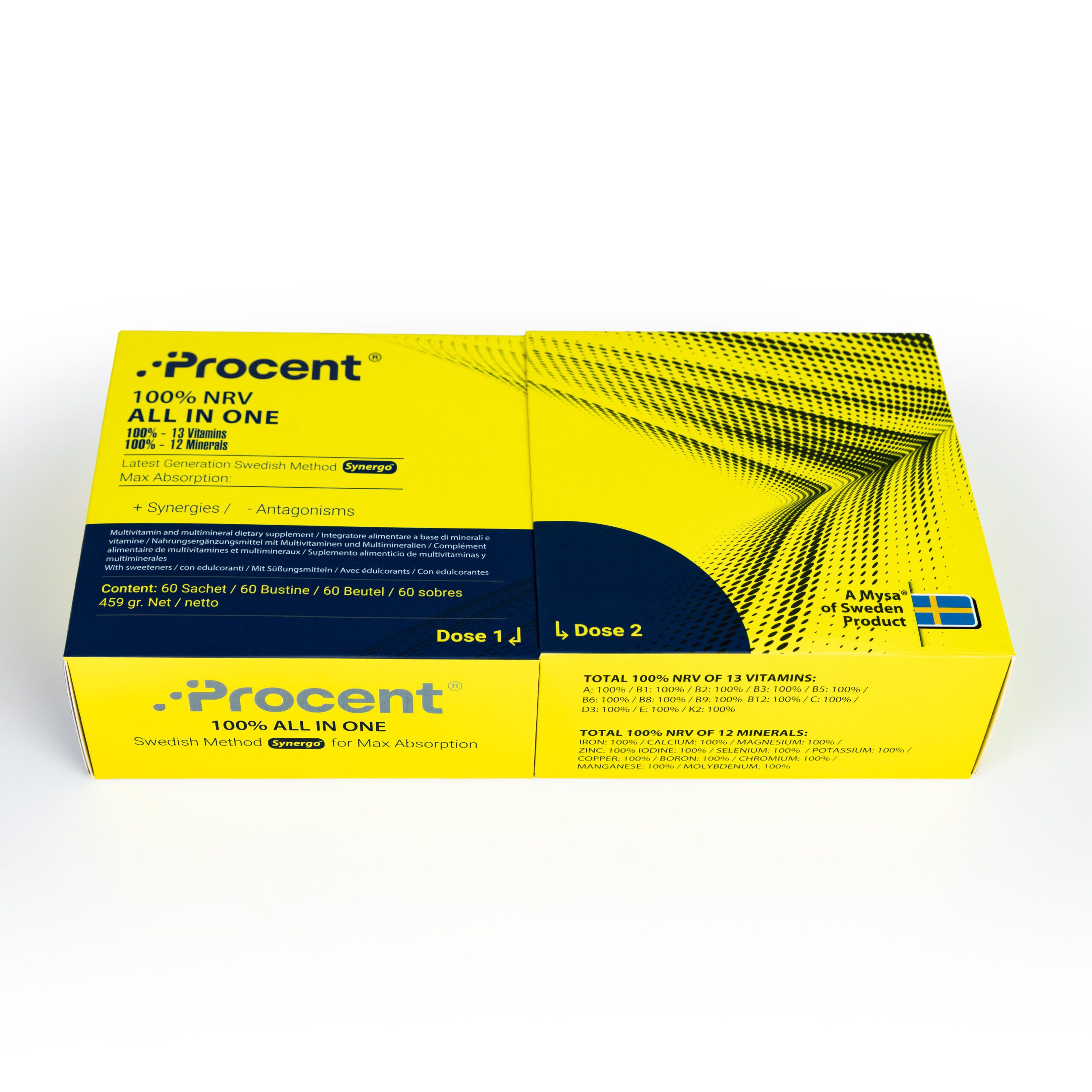 PROCENT-Box, gelb und blau, mit Text. Enthält 60 Beutel, 100% NRV, 100% ALL IN ONE.