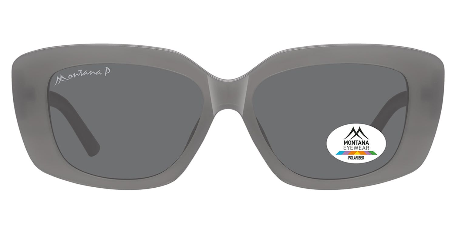 Graue Sonnenbrille mit rechteckigen Gläsern. Montana Eyewear Logo und Polarisations-Aufkleber. Bügel mit Logo.