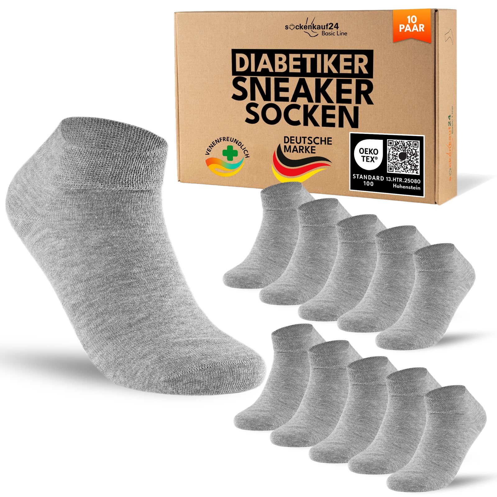 Diabetiker Sneaker Socken mit Komfortbund ohne Gummi & Naht für Damen und Herren 10 Pk