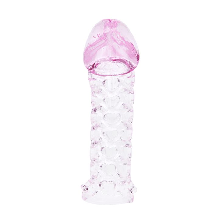 Ein transparenter Kondom-Extender mit rosa Spitze und herzförmiger Textur.