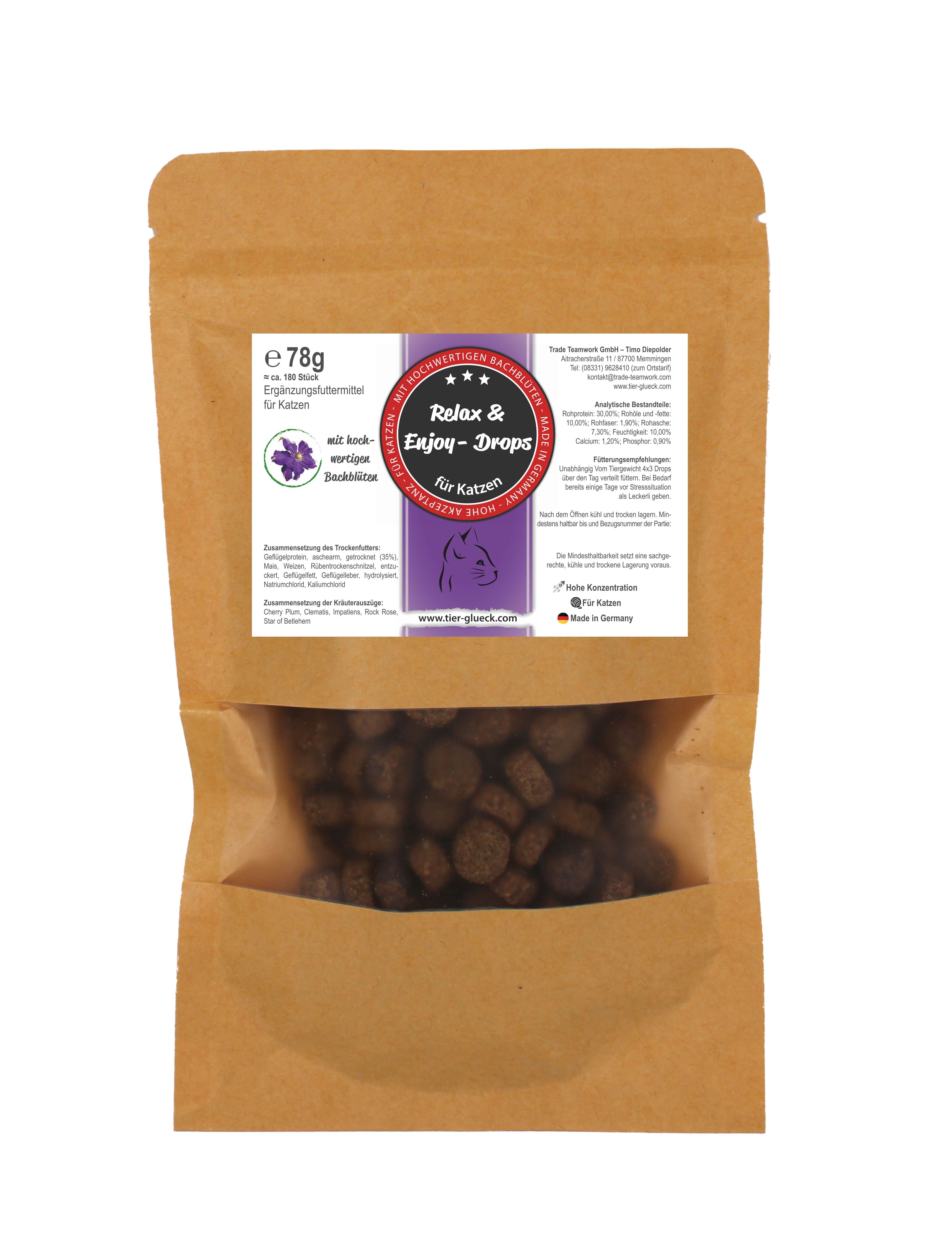 Beutel mit braunen Tropfen. Sichtfenster. Aufdruck: Relax & Enjoy-Drops für Katzen. 78g.