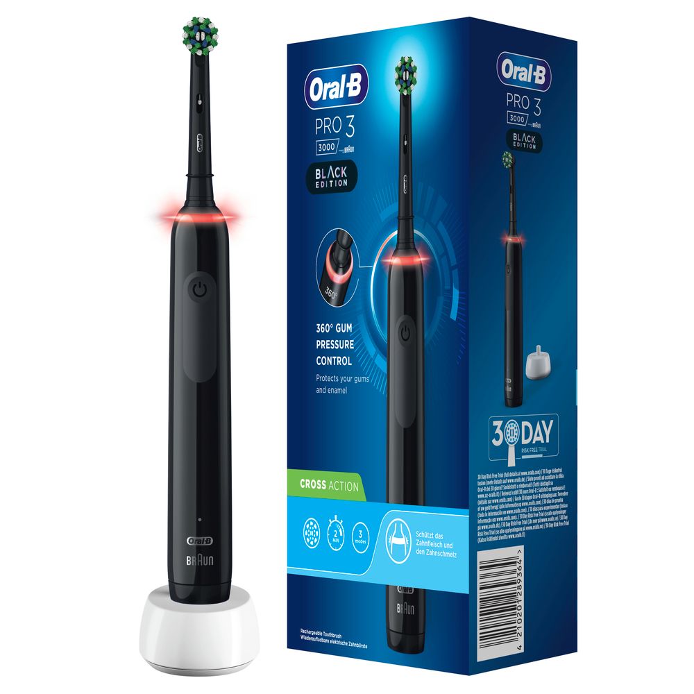 Schwarze elektrische Zahnbürste mit Ladestation und Verpackung. Auf der Verpackung steht "Oral-B Pro 3 Black Edition".