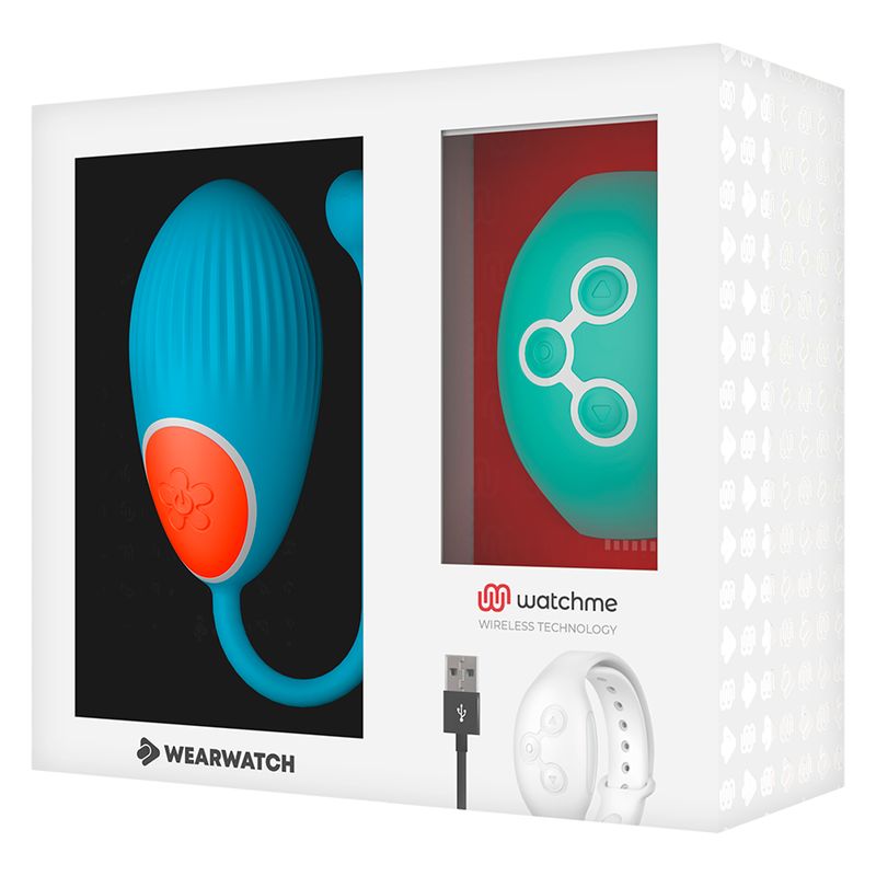Verpackung mit blauem Ei, grünem Armband und weißem Armband. Marke: Wearwatch, watchme.