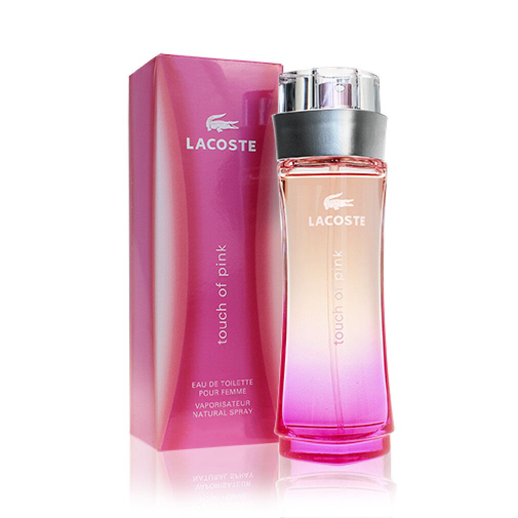 Rosa Flakon und Schachtel. Aufschrift LACOSTE, Touch of Pink. Eau de Toilette.