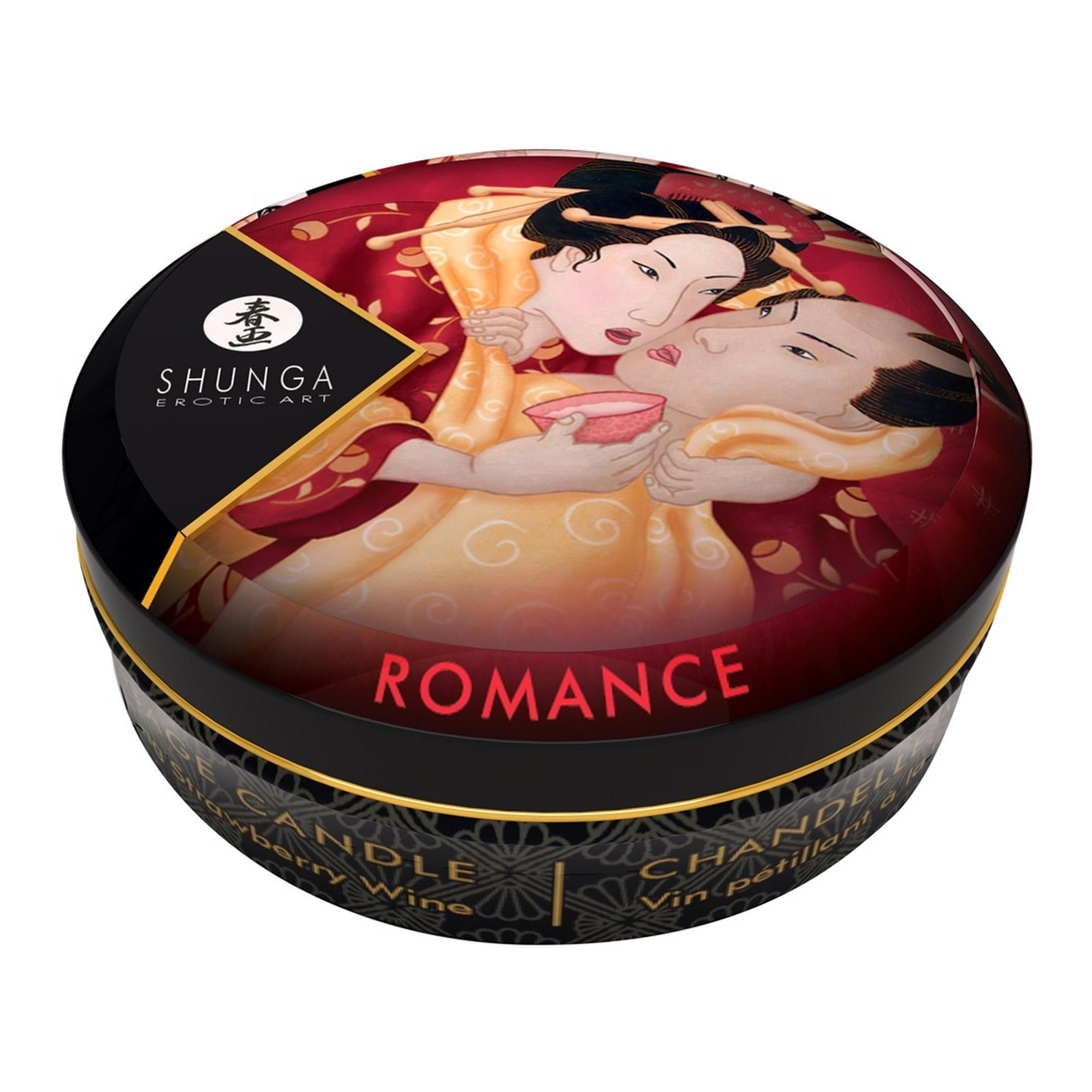 Runde Dose mit erotischer Kunst und dem Schriftzug ROMANCE. Der Deckel zeigt ein Paar in traditioneller Kleidung.