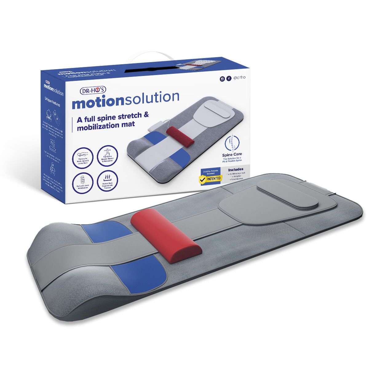 Graue Matte mit roter Rolle und blauen Akzenten. Produktverpackung mit Logo und Produktname.
