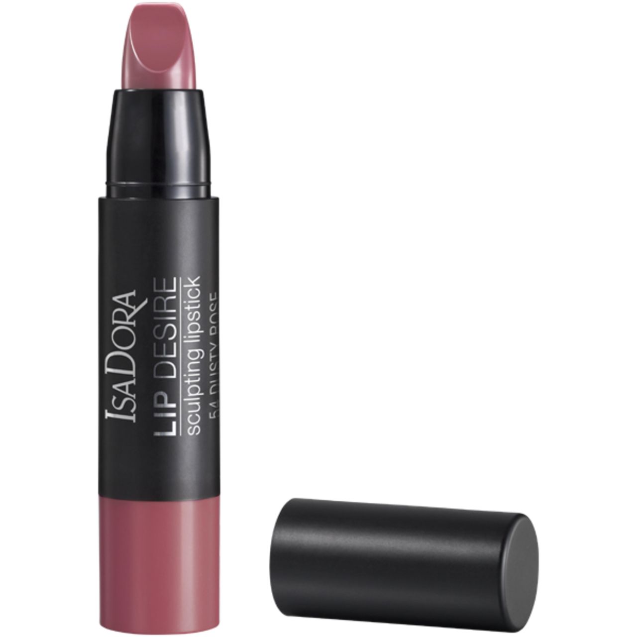 Lippenstift IsaDora Lip Desire, geöffnet, rosafarbener Lippenstift sichtbar. Schwarzer Stift und Kappe daneben.