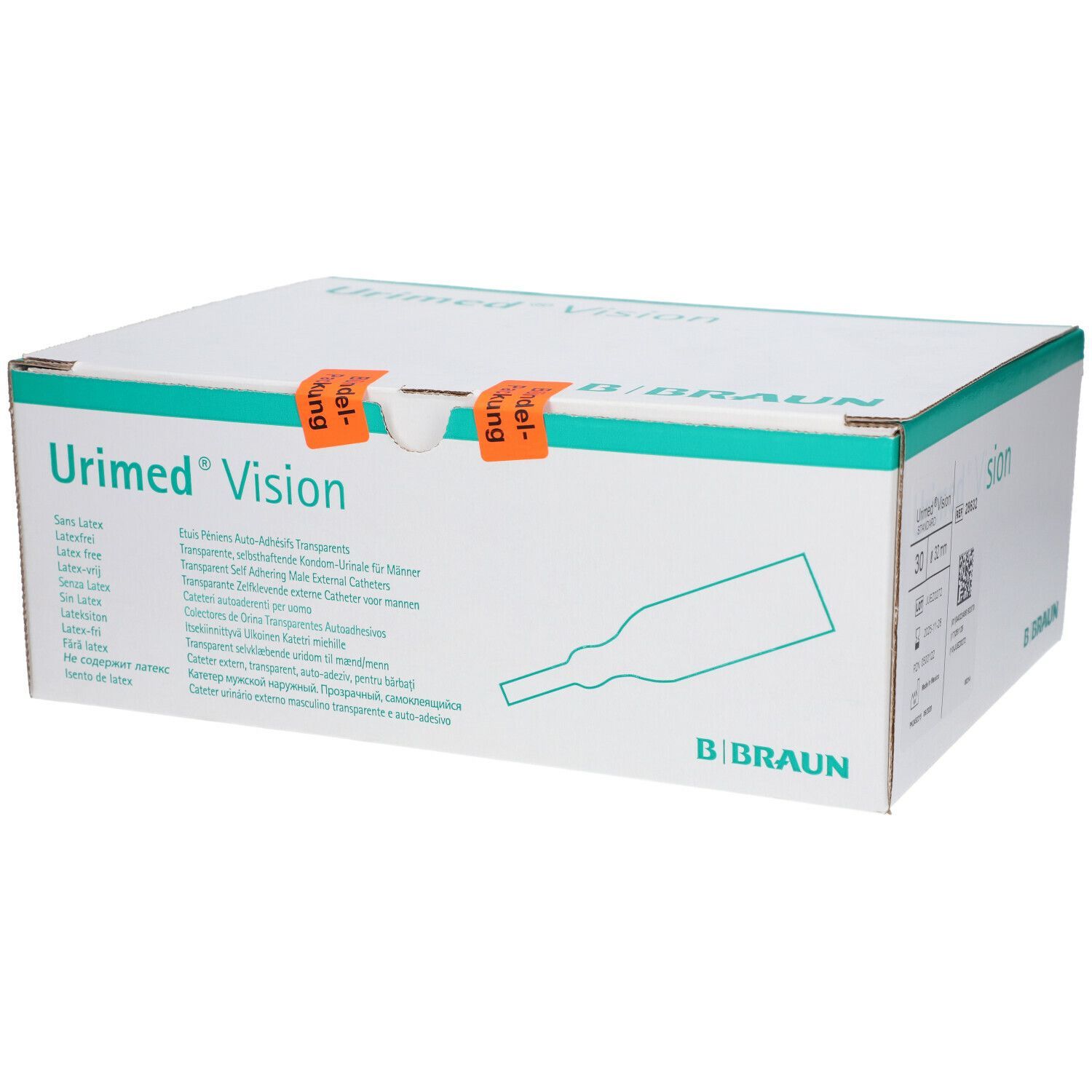Karton von Urimed® Vision. Aufkleber mit Produktinformationen. Marke B. Braun.