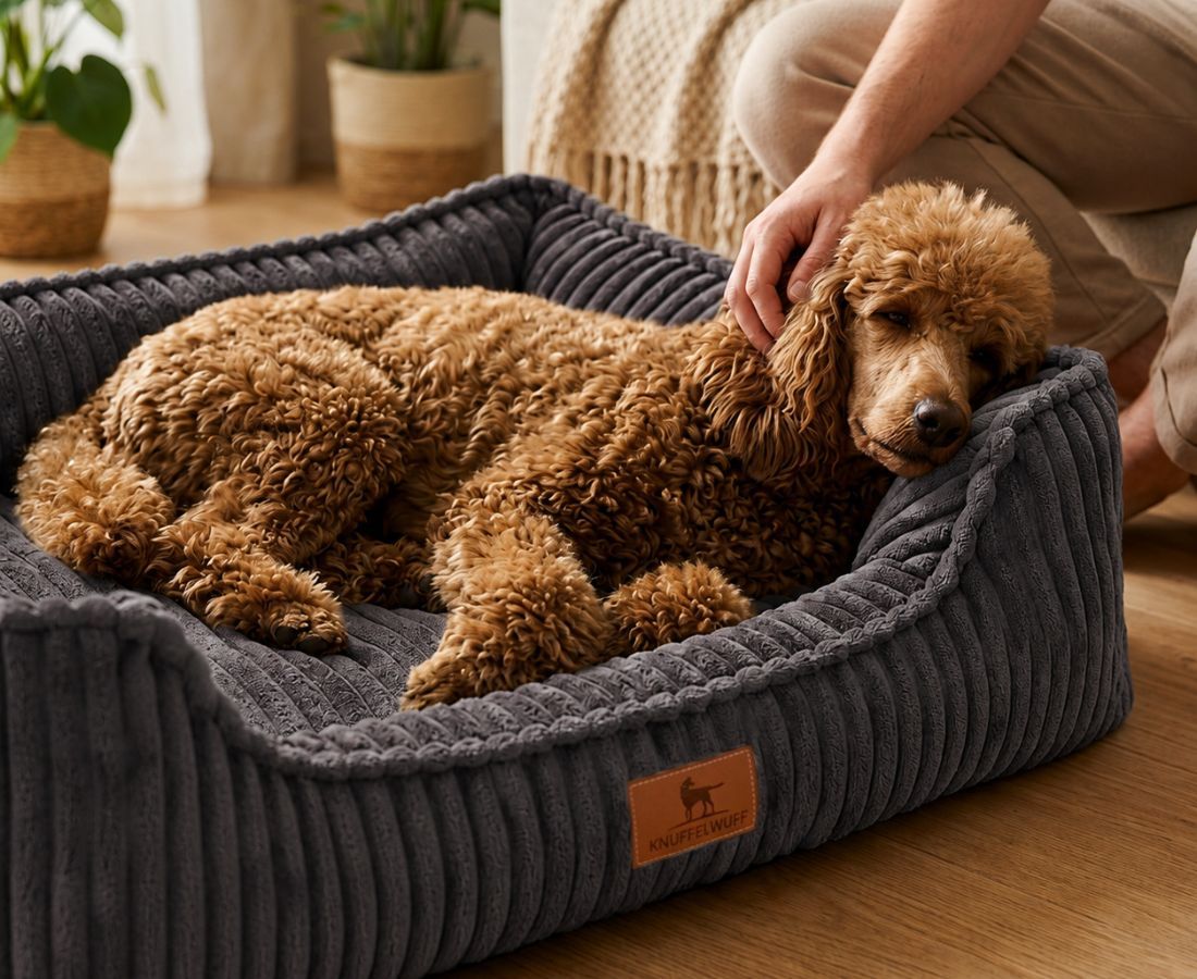 Ein Hund liegt entspannt in einem grauen orthopädischen Hundebett aus Cord.