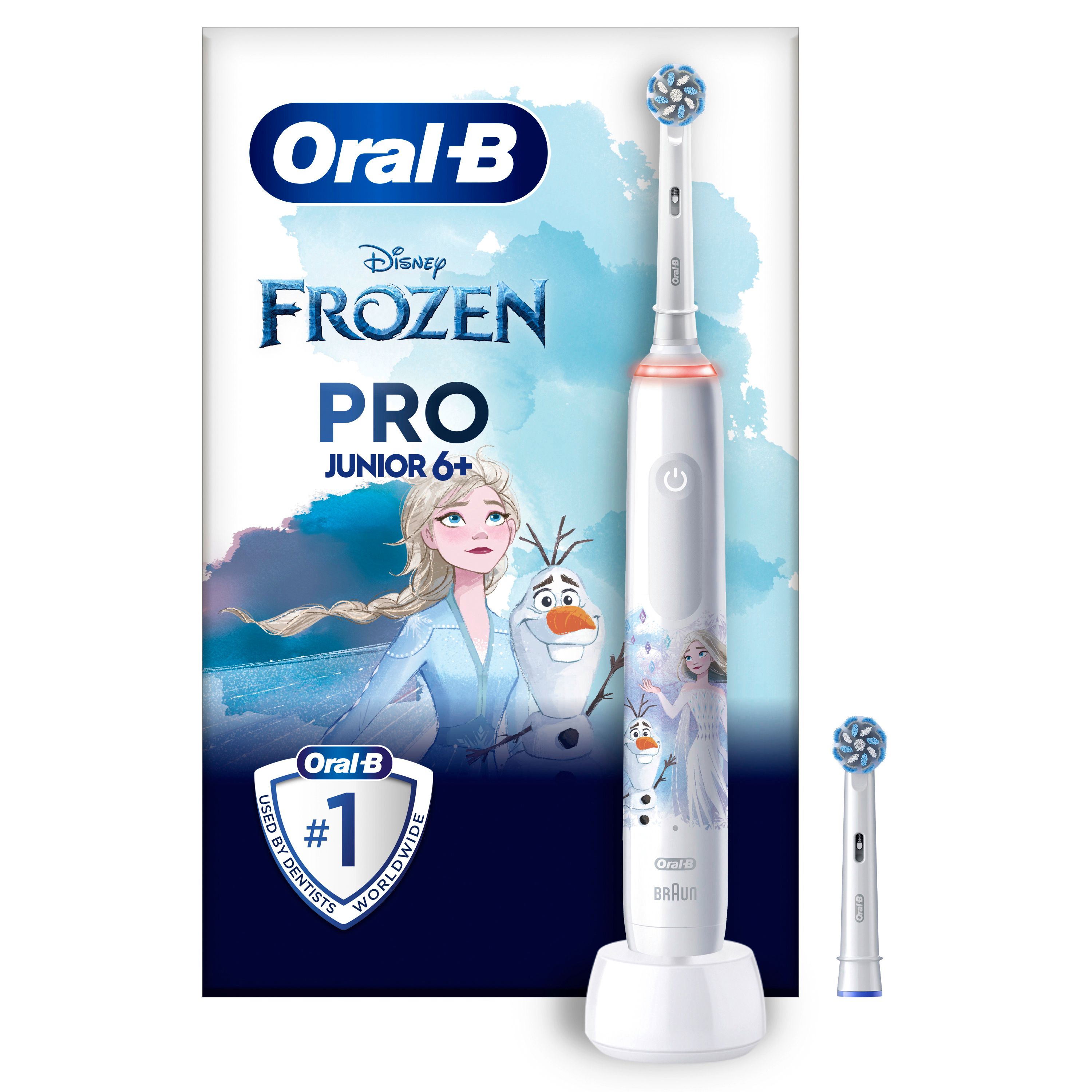 Oral-B Pro Junior 6+ Frozen Kinderzahnbürste. Zahnbürste, Ladestation und Ersatzbürste. Elsa und Olaf-Design.