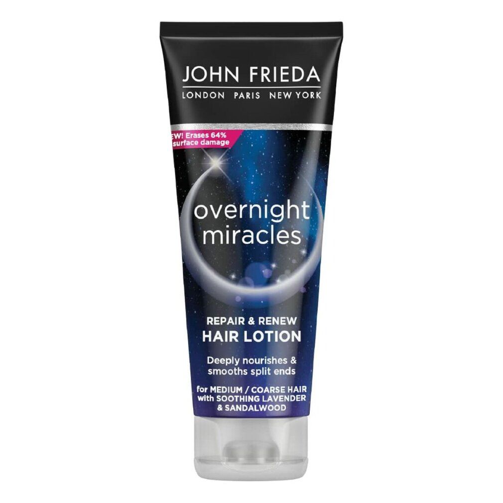 Haarcreme-Tube. Schwarzer Deckel, weißer Schriftzug. Produktname: overnight miracles. Text: Repair & Renew Hair Lotion. Für mittleres/grobem Haar.
