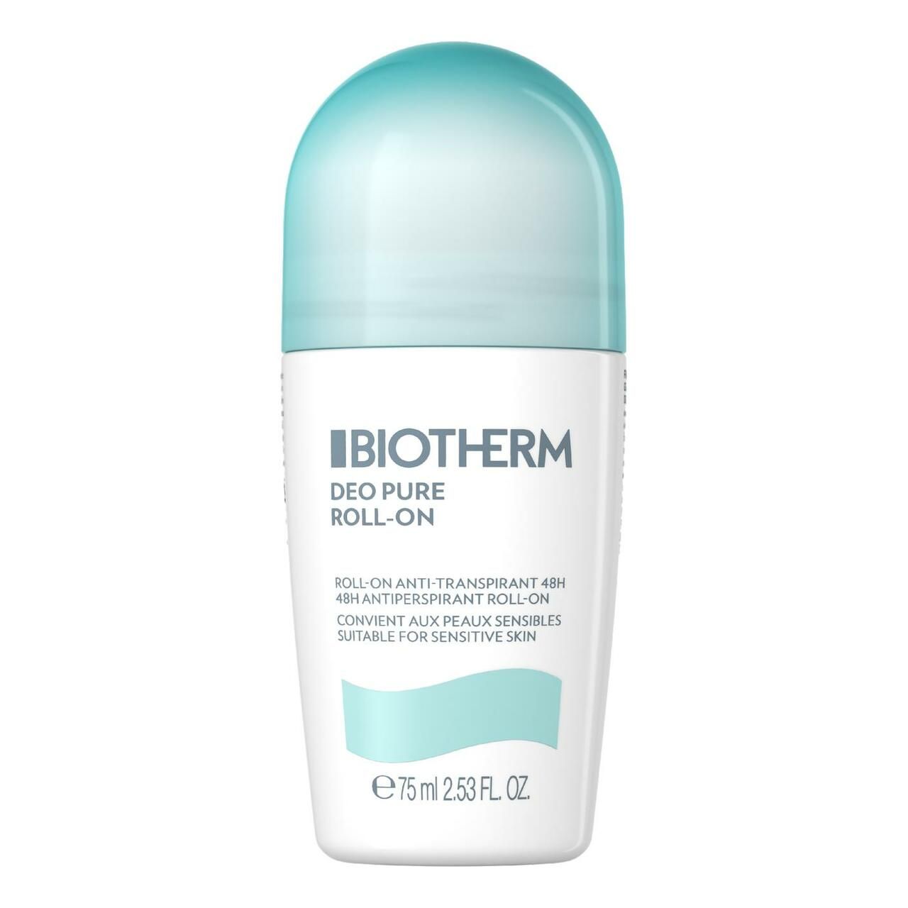 Deo Pure Roll-On von BIOTHERM. Weißer Behälter mit blauem Deckel. Enthält Text. 75 ml.