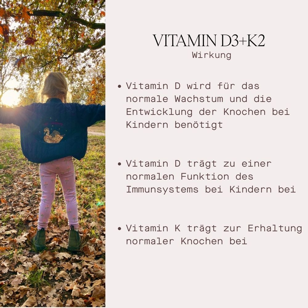 Kind im Wald. Text: Vitamin D für Wachstum und Entwicklung. Vitamin D für Immunsystem. Vitamin K für Knochen.