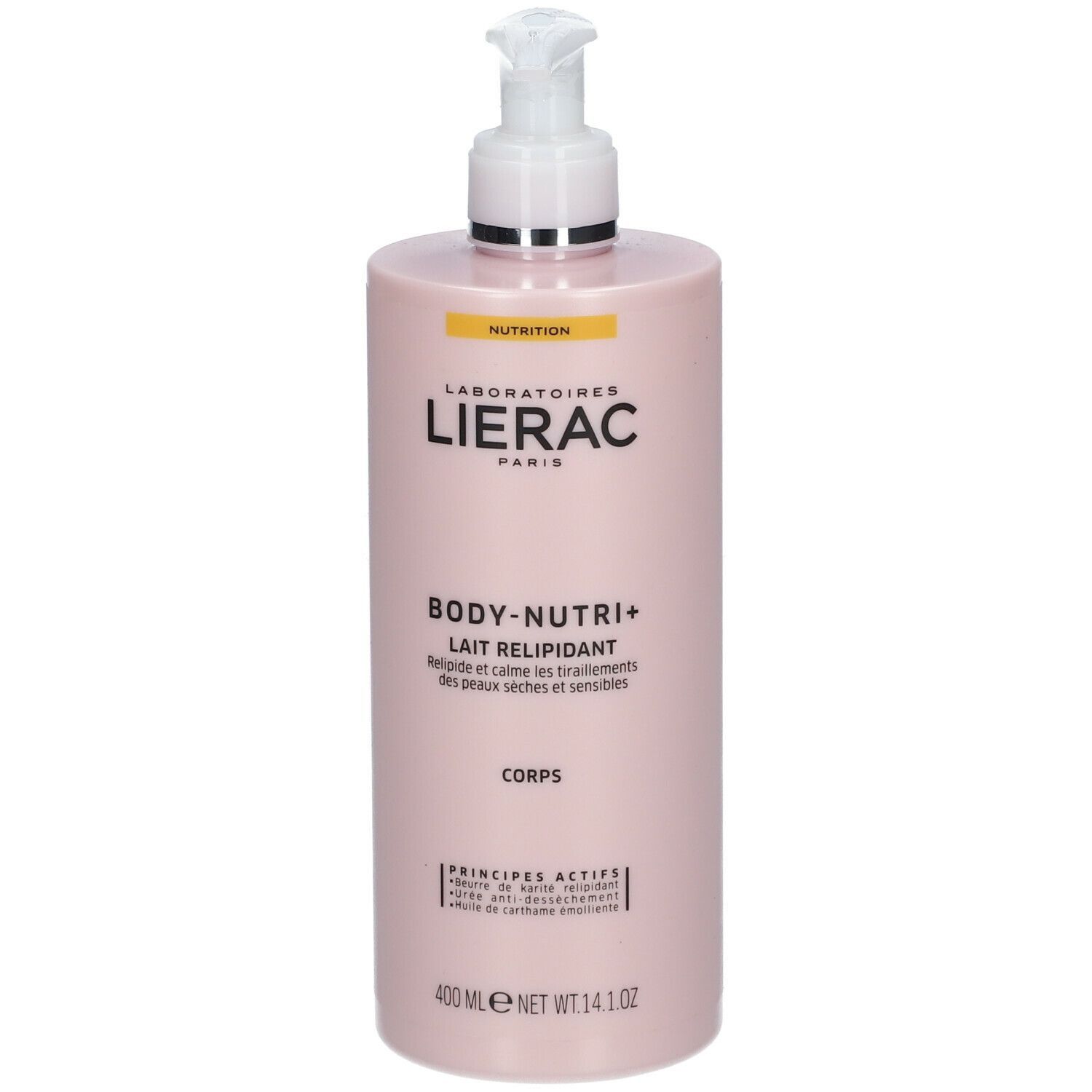 Rosa Flasche mit Pumpe. Aufschrift: LIERAC, BODY-NUTRI+, Lait Relipidant. 400 ml.