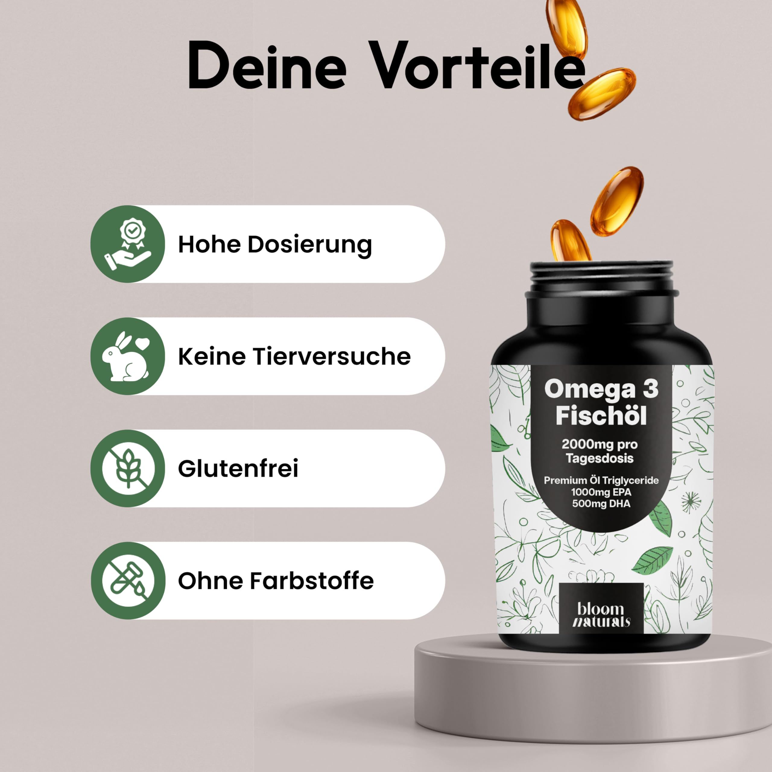 Flasche mit Kapseln. Text: Hohe Dosierung, Keine Tierversuche, Glutenfrei, Ohne Farbstoffe.
