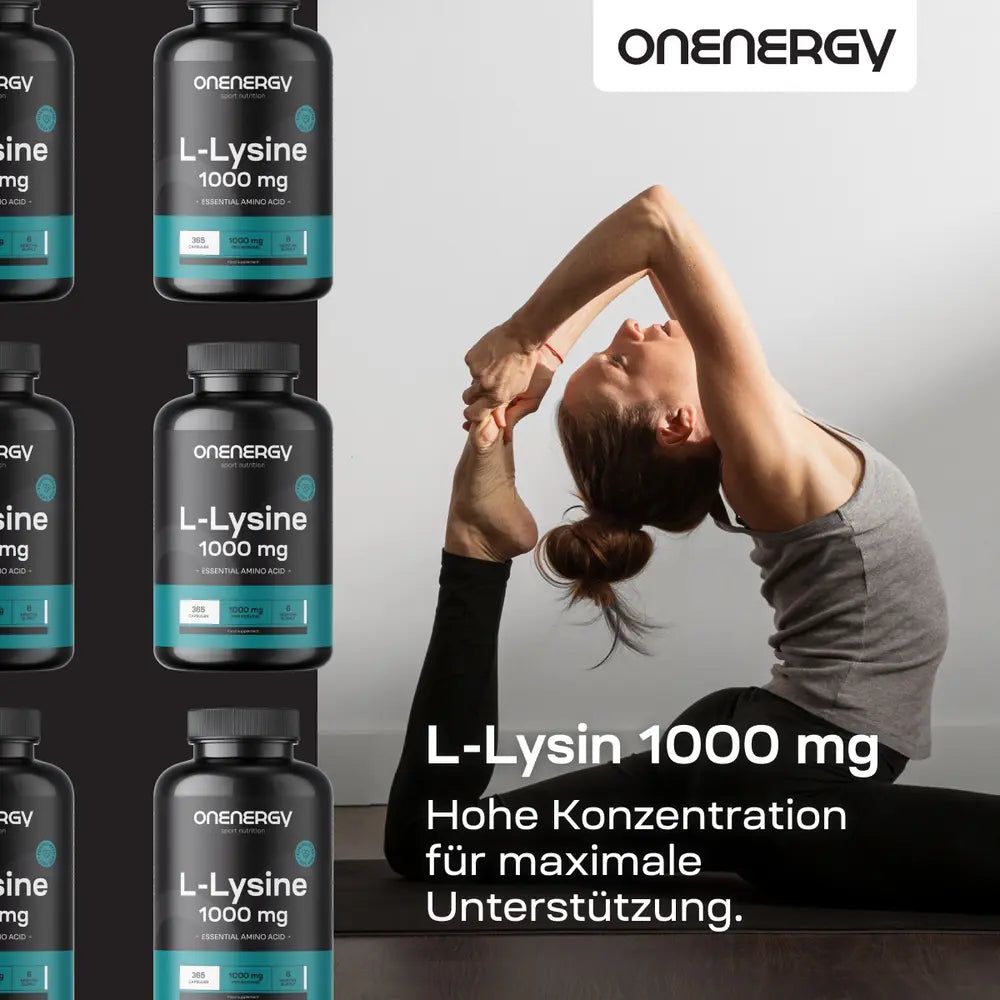 Mehrere Flaschen OnEnergy L-Lysin 1000 mg. Frau macht Yoga. Text: Hohe Konzentration für maximale Unterstützung.