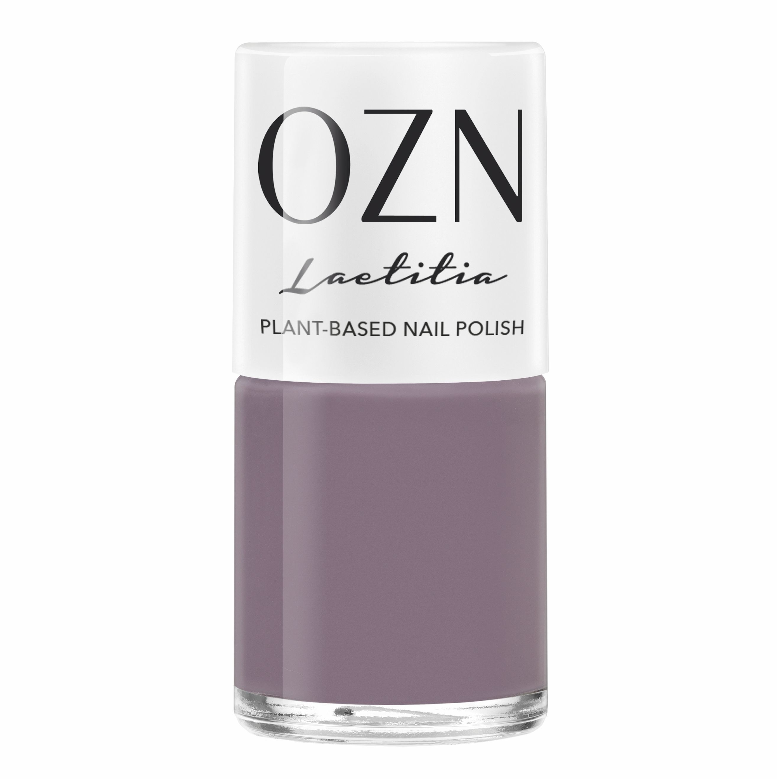 Nagellackflasche, lila Farbe. Weißer Deckel mit schwarzem OZN Laetitia Schriftzug. "Plant-Based Nail Polish" Text.