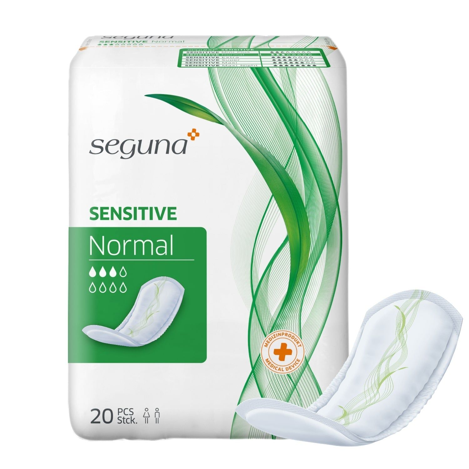 Verpackung von Seguna Sensitive Normal. 20 Stück. Medizinprodukt.