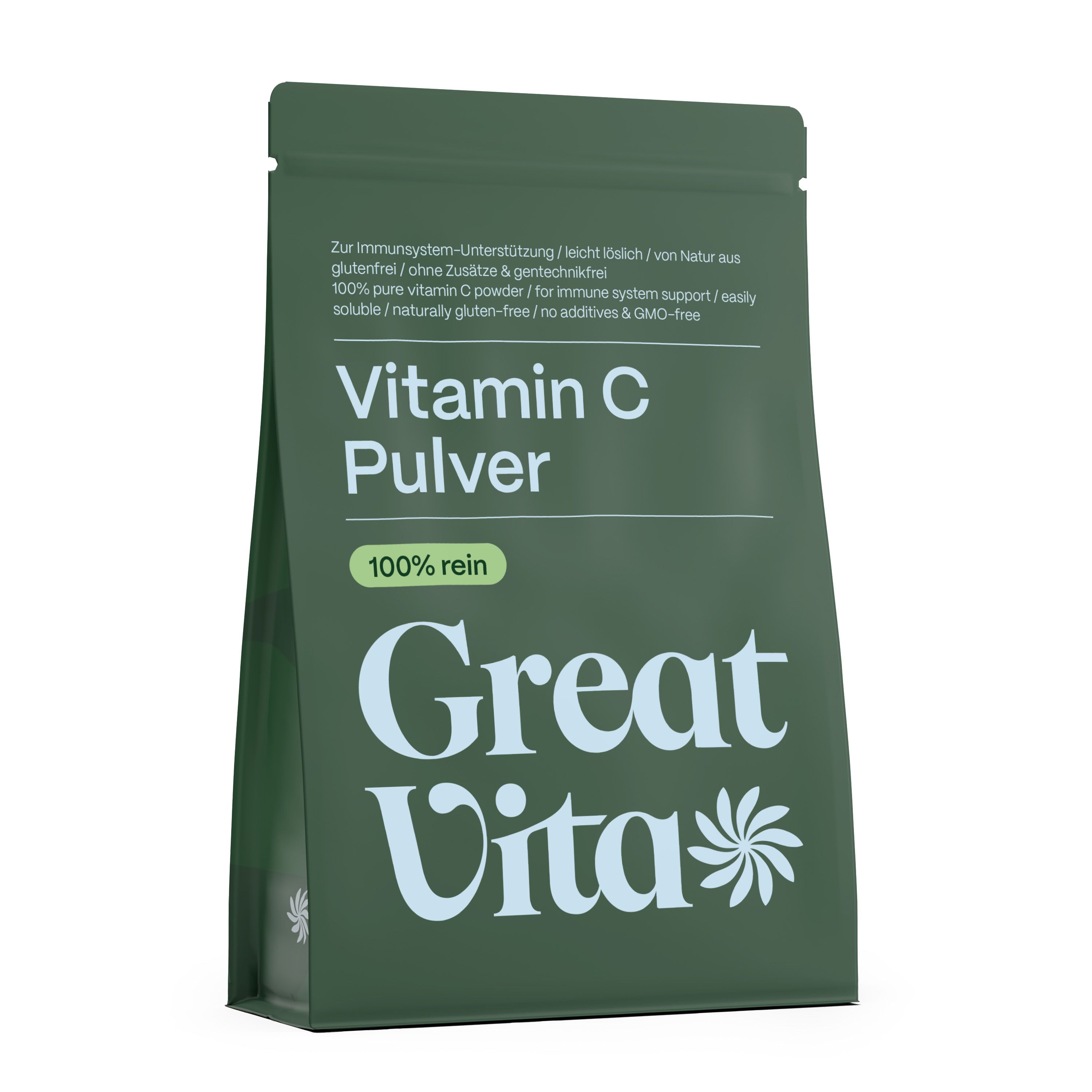 Grüne Verpackung mit der Aufschrift 'Vitamin C Pulver' und 'Great Vita'.
