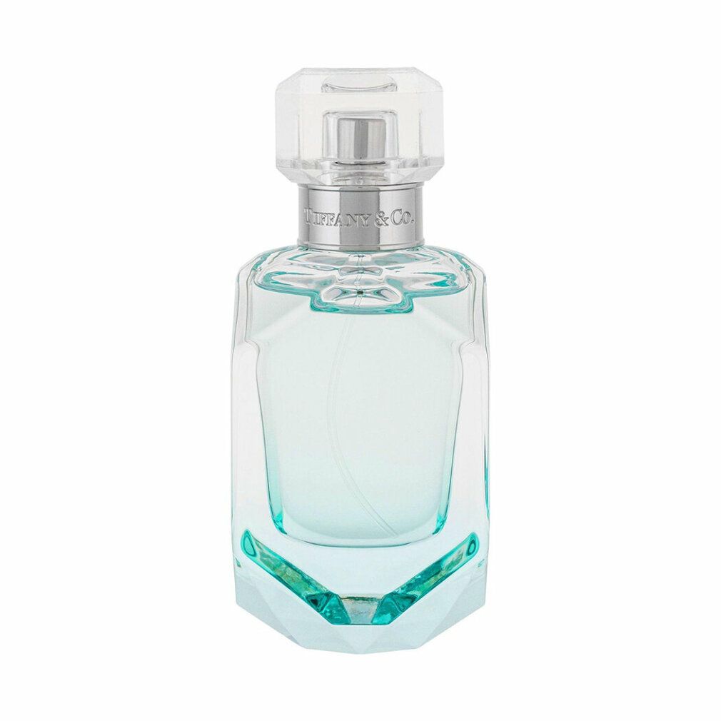 Glasflakon mit hellblauem Duft. Transparenter Deckel. Silberfarbener Hals mit Tiffany & Co. Schriftzug. Geometrische Form.