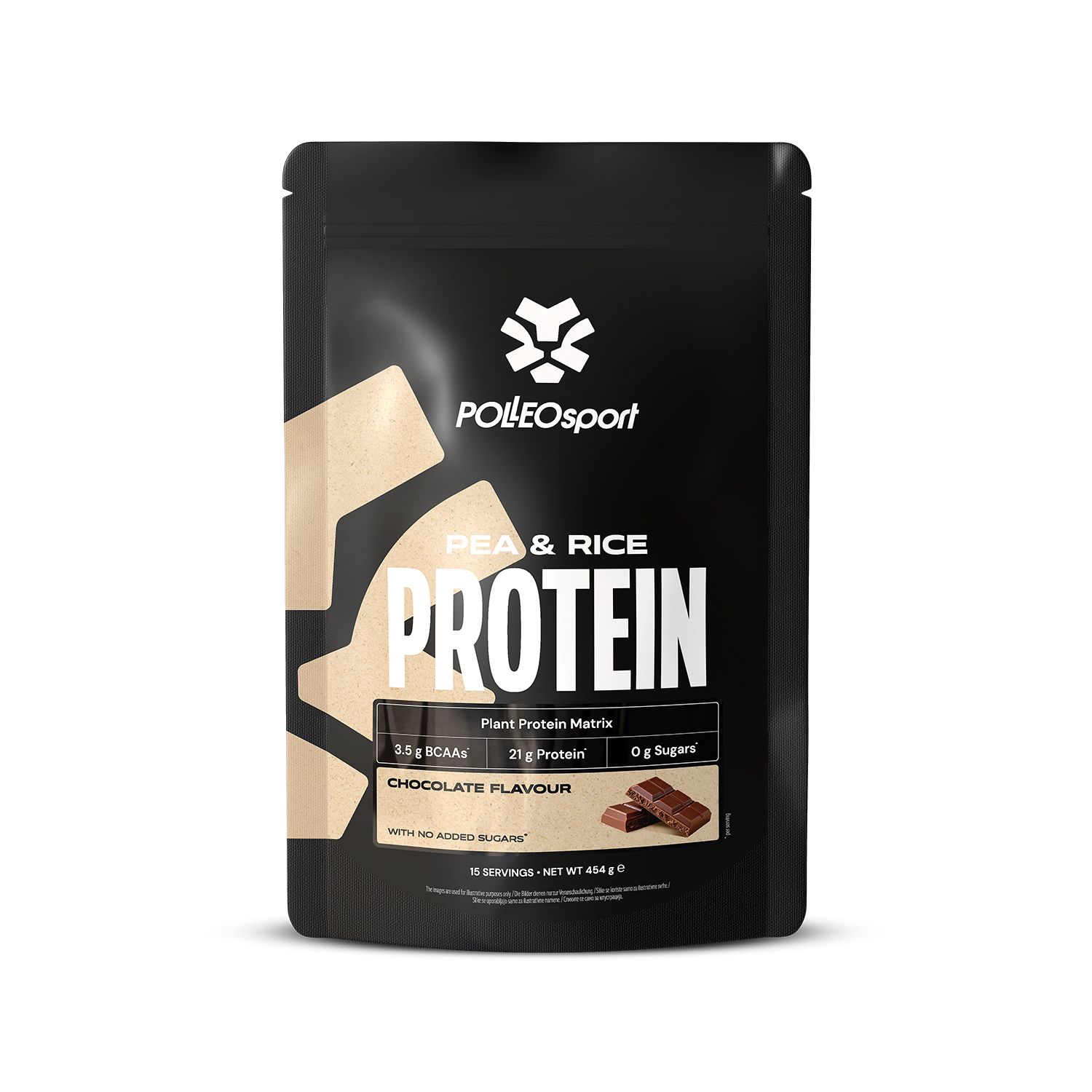 Schwarzer Beutel mit Polleo Sport Erbsen- und Reisprotein, Schokoladengeschmack. Enthält 21g Protein pro Portion.