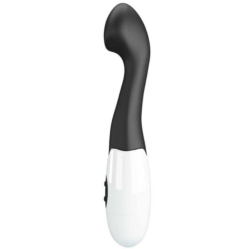 Schwarz-weißer Vibrator mit geschwungener Form. Der Kopf ist abgerundet, der Griff gebogen. Zwei Knöpfe am weißen Ende.