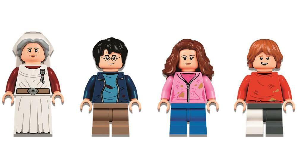 Personaggi LEGO Harry Potter: Madame Pomfrey, Harry Potter, Hermione Granger e Ron Weasley. Ogni personaggio è realizzato in plastica e indossa abiti caratteristici. I personaggi sono adatti a bambini dagli 8 anni in su.