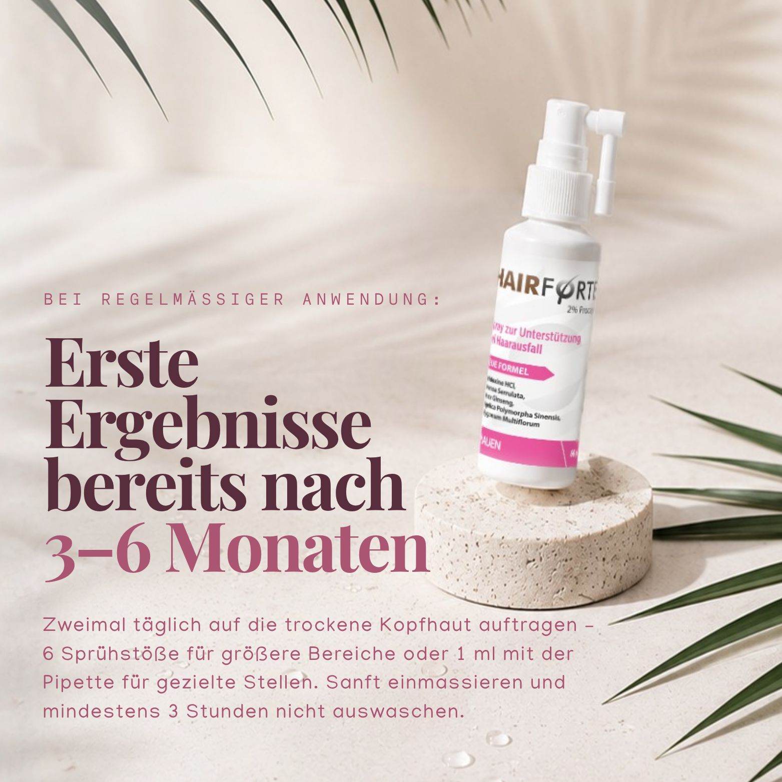 Hairforte Spray 2% Procapil auf Steinpodest mit Palmblättern.