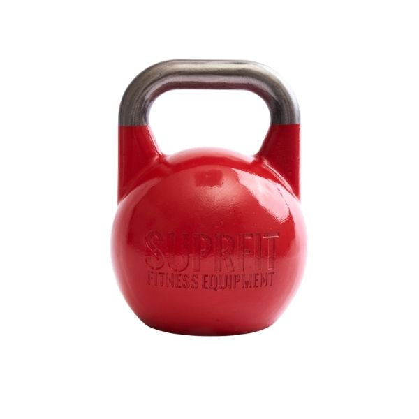 Rote Kettlebell mit silbernem Griff. Aufschrift: SUPRFIT FITNESS EQUIPMENT.