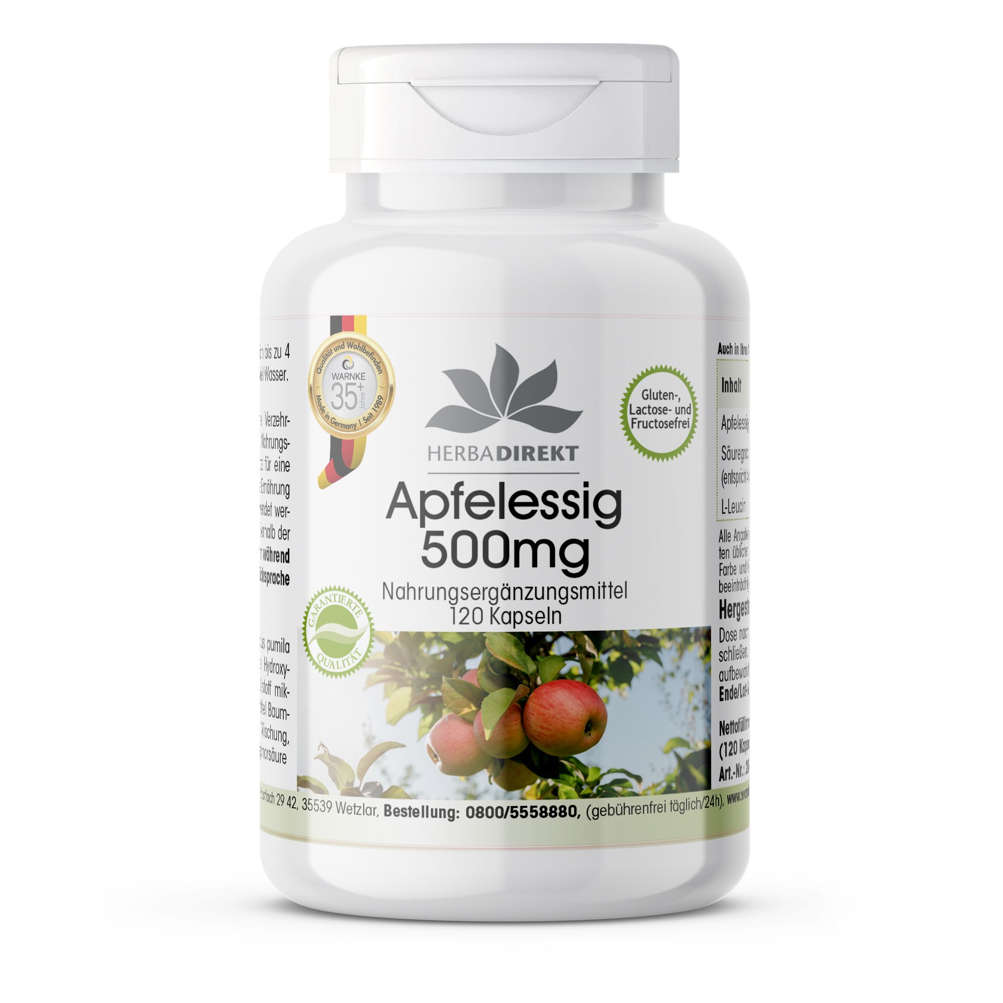 Weiße Flasche mit Kapseln. Aufschrift: Apfelessig 500mg, Nahrungsergänzungsmittel, 120 Kapseln. Logo: HerbaDirekt. Mit Siegeln und Apfel-Abbildung.