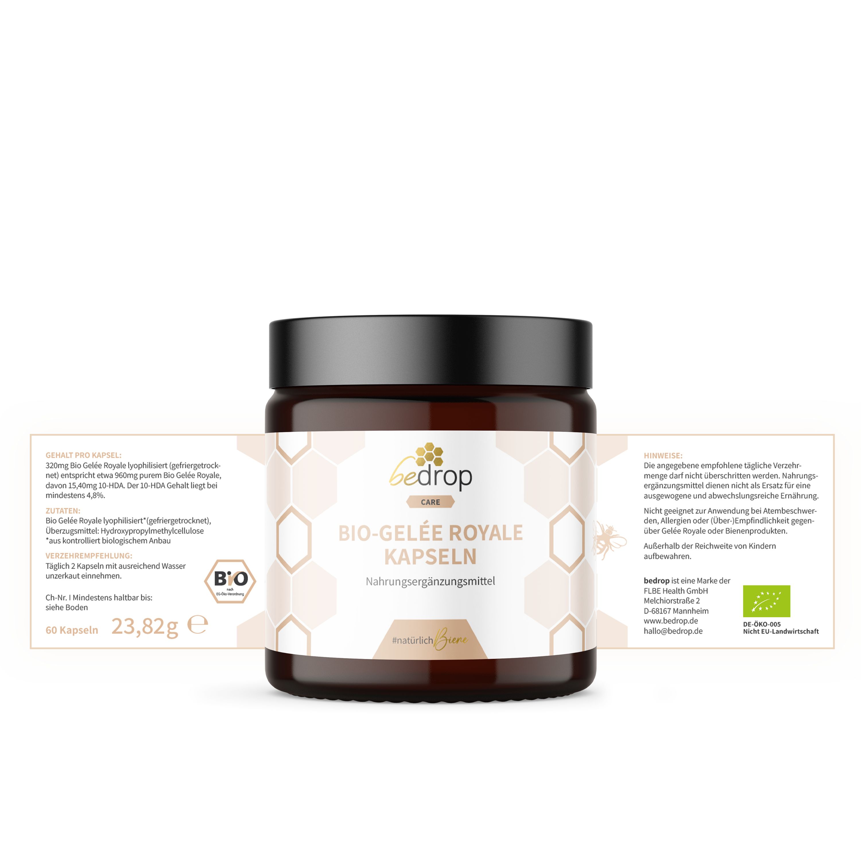 Etikett von "Bio-Gelée Royale Kapseln". Text: "bedrop", "Bio-Gelée Royale Kapseln", 60 Kapseln, 23,82g.
