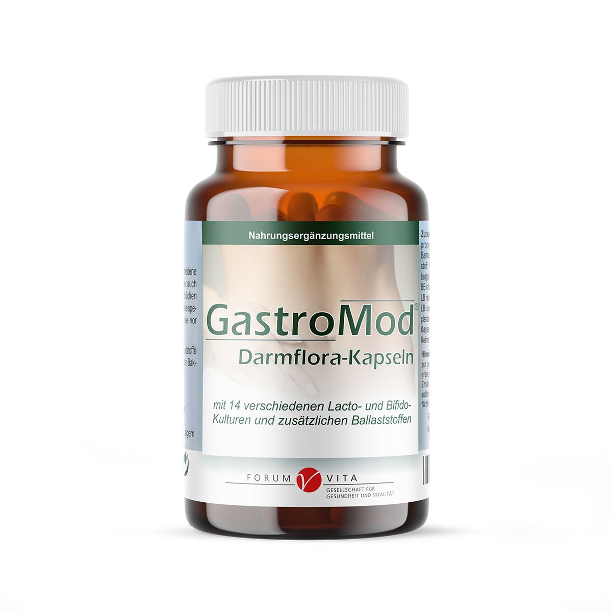 Braune Flasche mit weißen Kapseln. Aufschrift: GastroMod Darmflora-Kapseln. Mit 14 Lacto- und Bifido-Kulturen.
