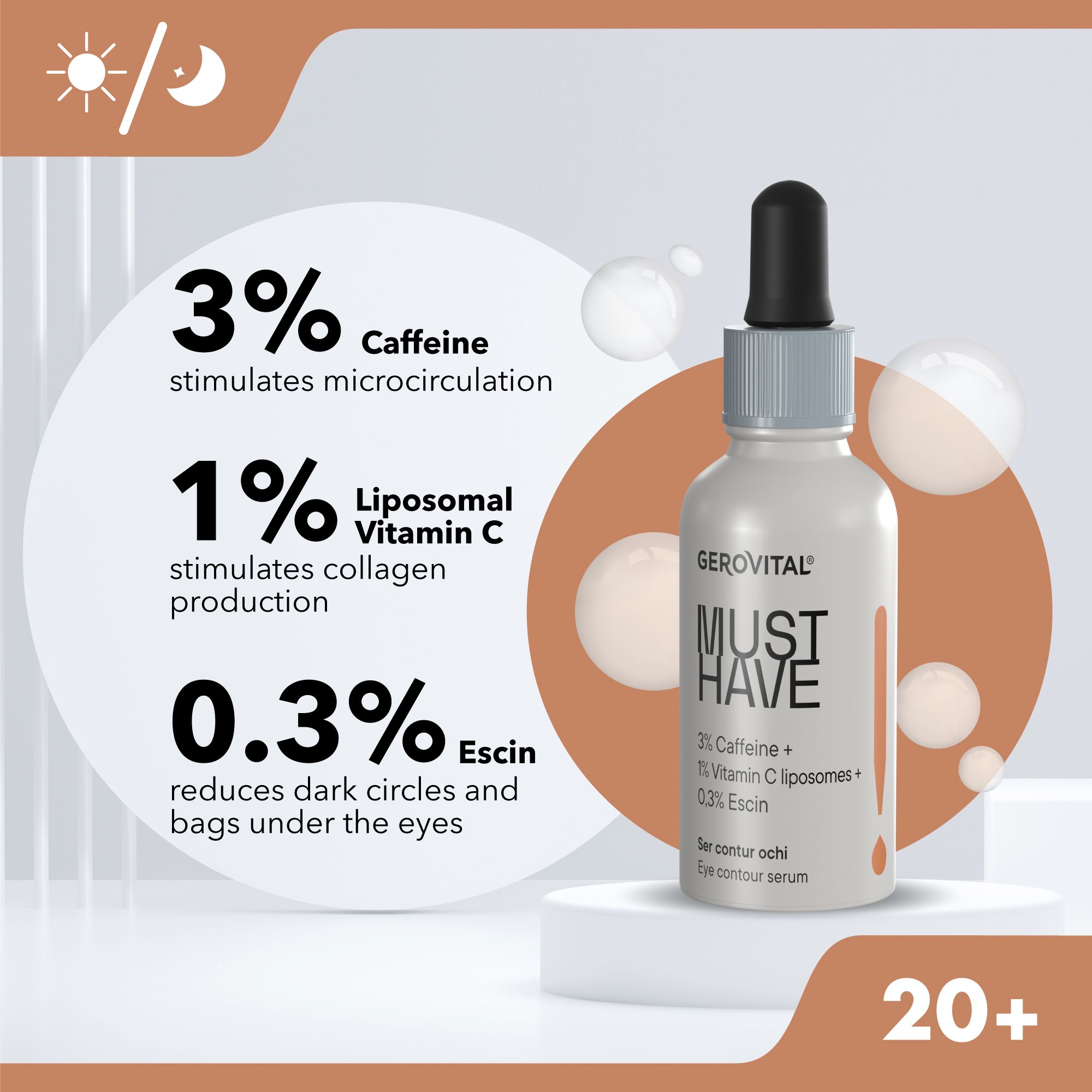 Serumflasche mit Text. Aufschrift: MUST HAVE, 3% Koffein, 1% Vitamin C, 0,3% Escin. 3% Koffein, 1% Vitamin C, 0,3% Escin.