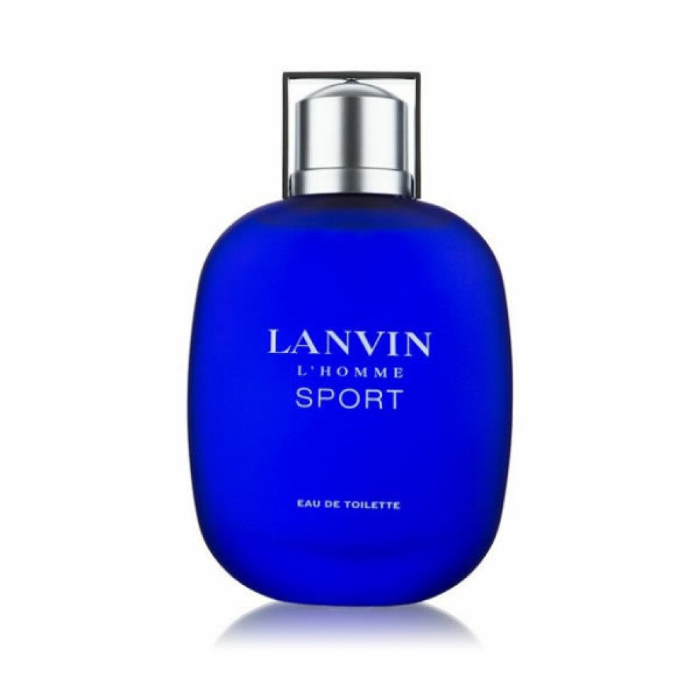 Blauer Flakon mit silbernem Verschluss. Aufschrift: LANVIN L'HOMME SPORT. Eau de Toilette.