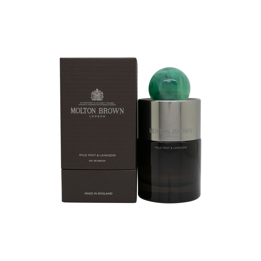 Molton Brown Wild Mint & Lavandin Eau de Parfum Flakon neben seiner braunen Verpackung.