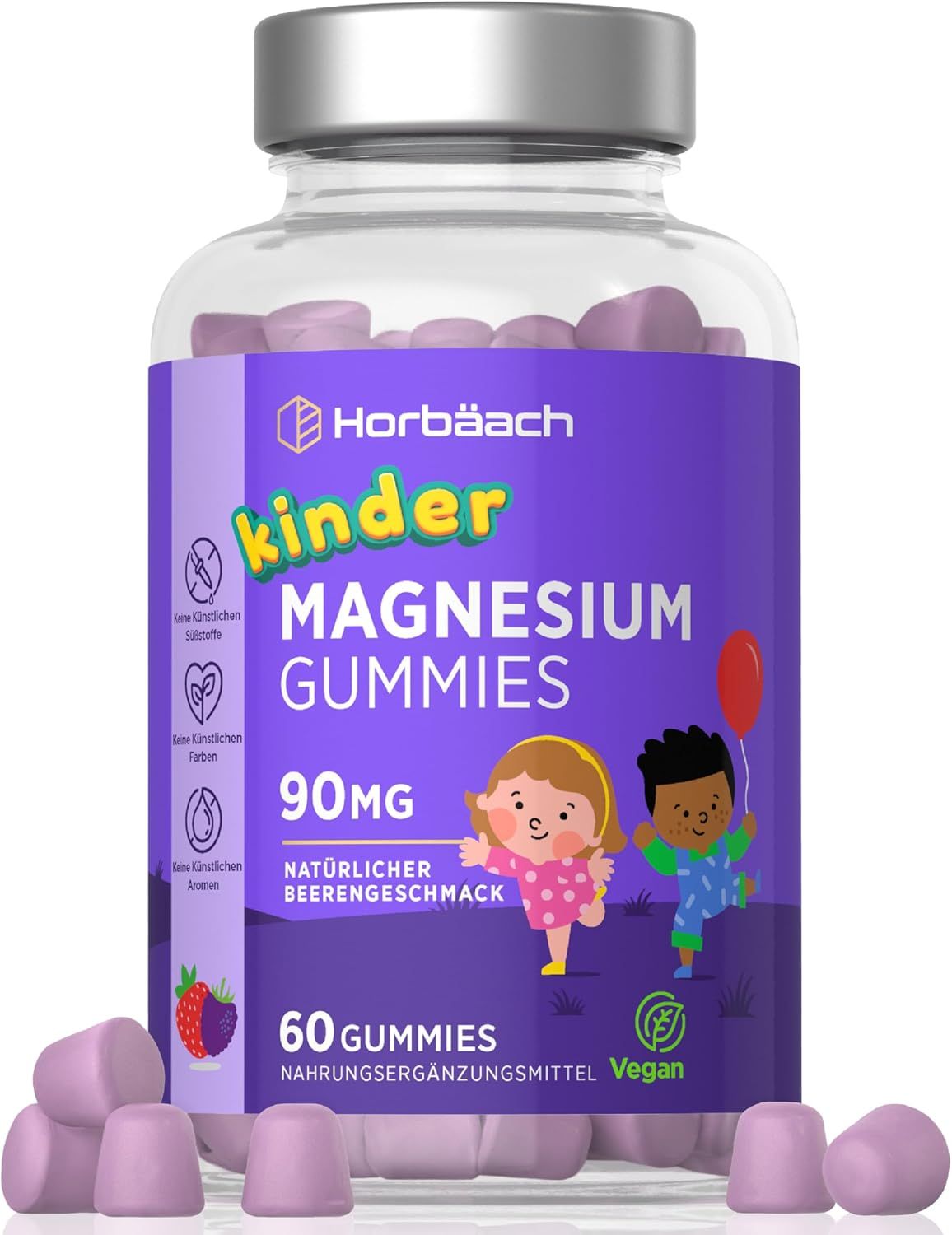 Eine Flasche Horbaach Kinder Magnesium Gummies mit 60 Gummibärchen. Aufschrift: 90mg, Natürlicher Beerengeschmack, Vegan.