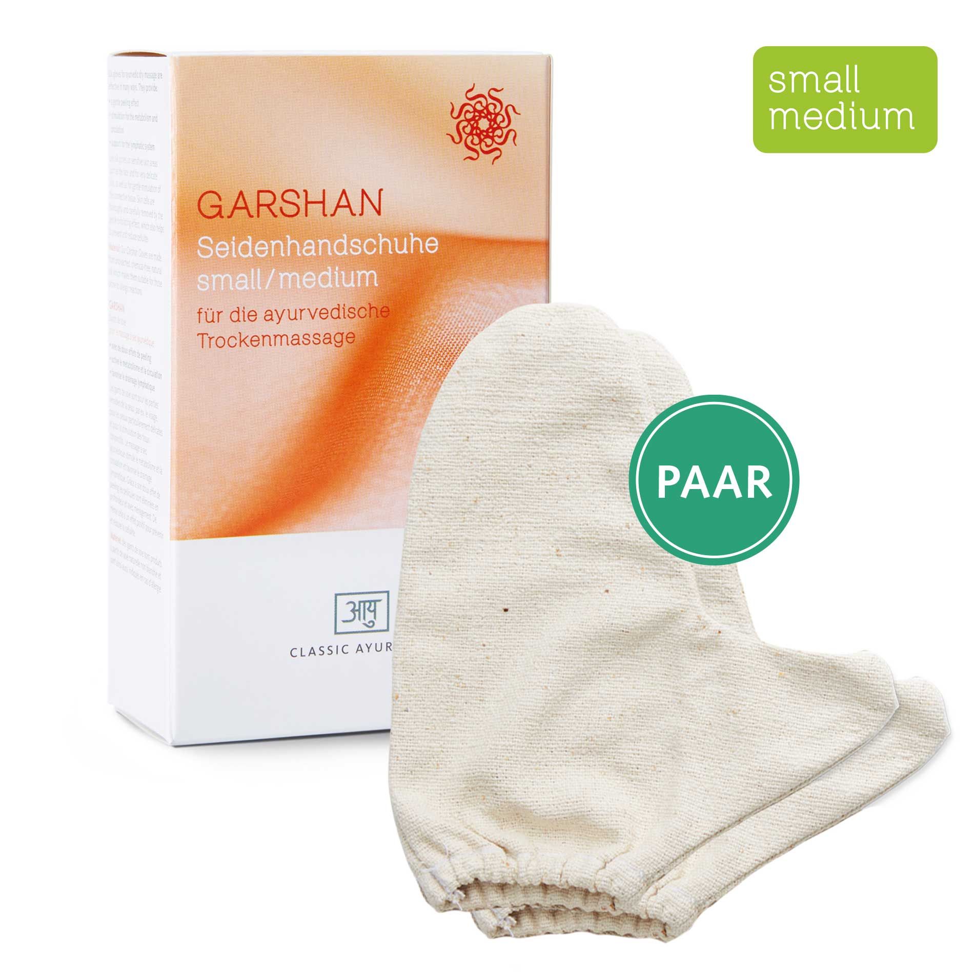 Garshan Seidenhandschuhe small/medium für die ayurvedische Trockenmassage, Paar.