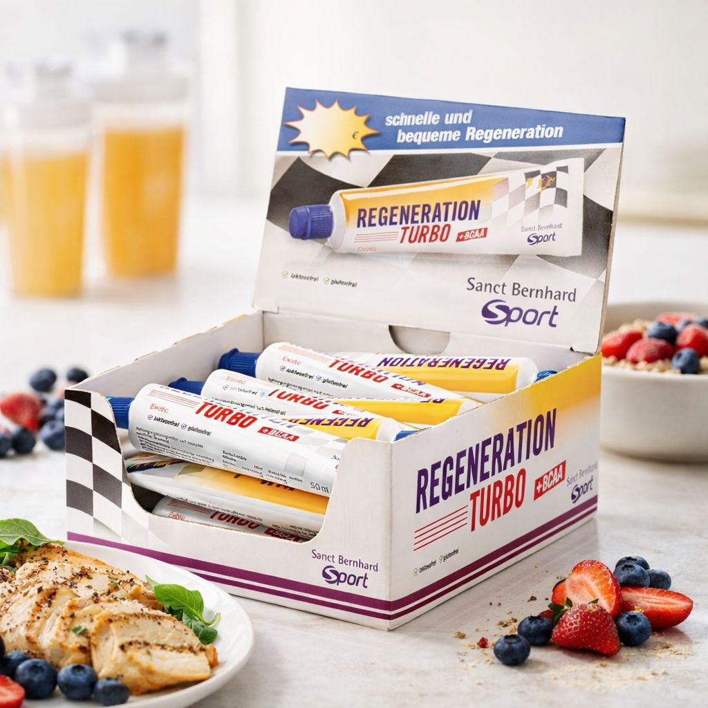 Verpackung mit 18 Tuben Regenerationsturbo +BCAA, mit Ausgießer.